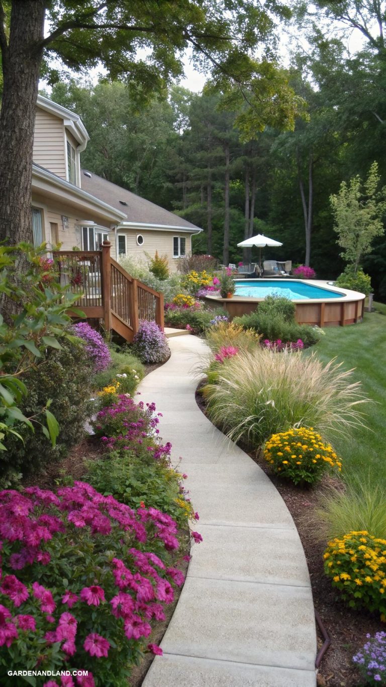 above ground pool with deck off house Garden pathway leading to the pool deck