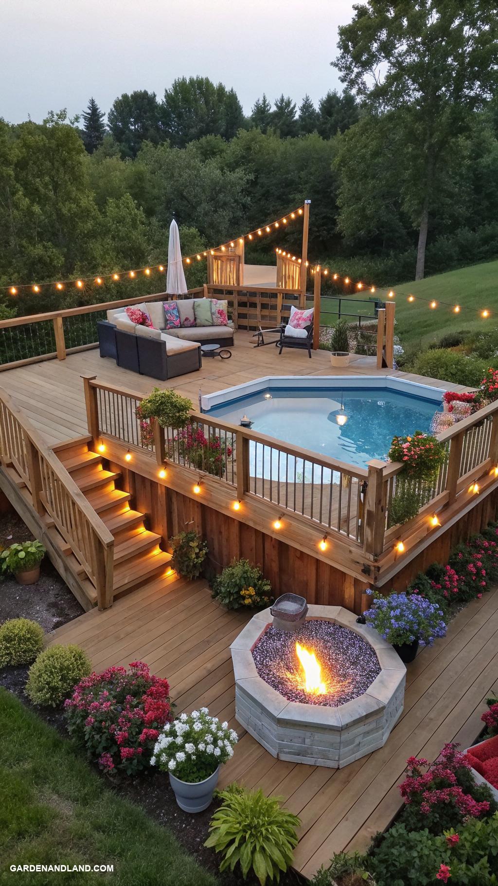 above ground pool with deck off house Multi level deck with poolside fire pit