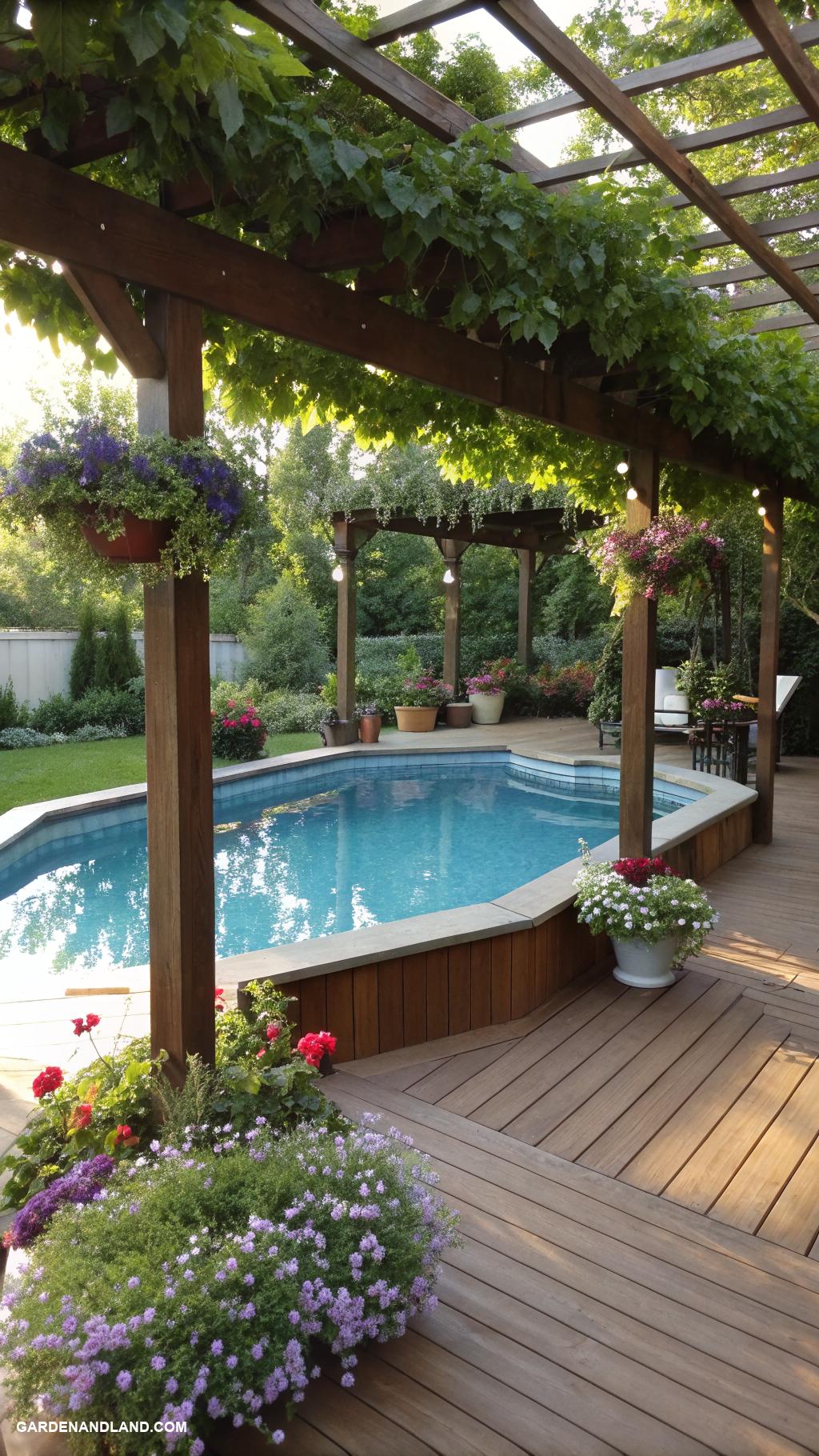 above ground pool with deck off house Pool deck with pergola overhead