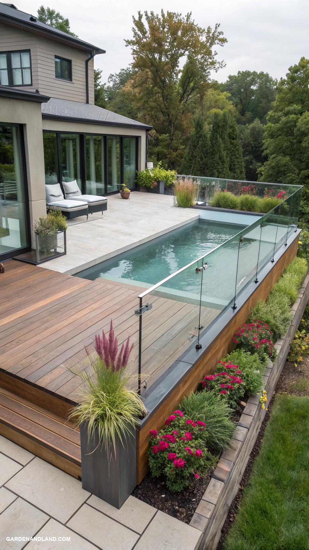 above ground pool with deck off house Sleek modern deck with glass railing