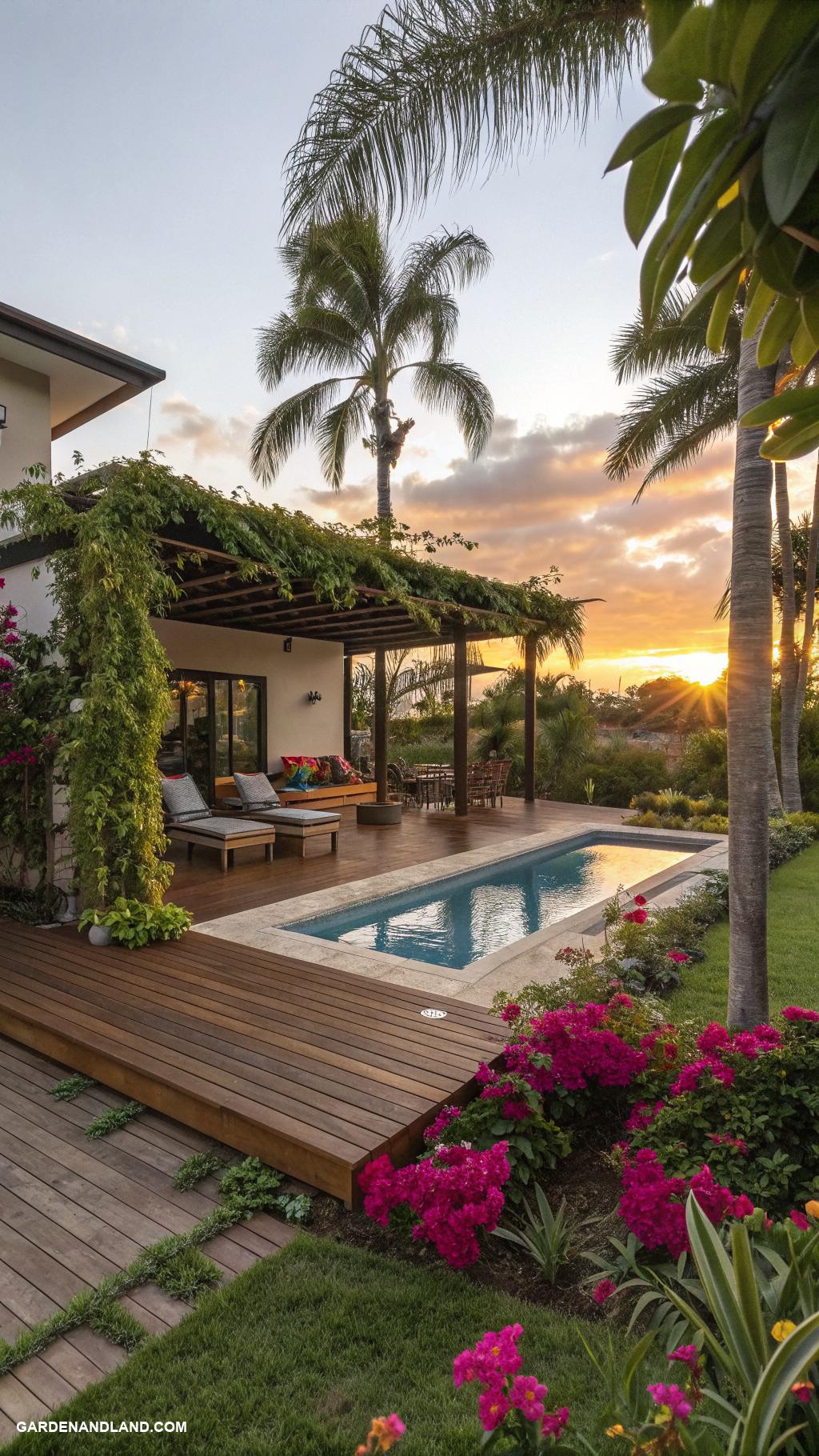 above ground pool with deck off house Tropical themed landscaping around pool