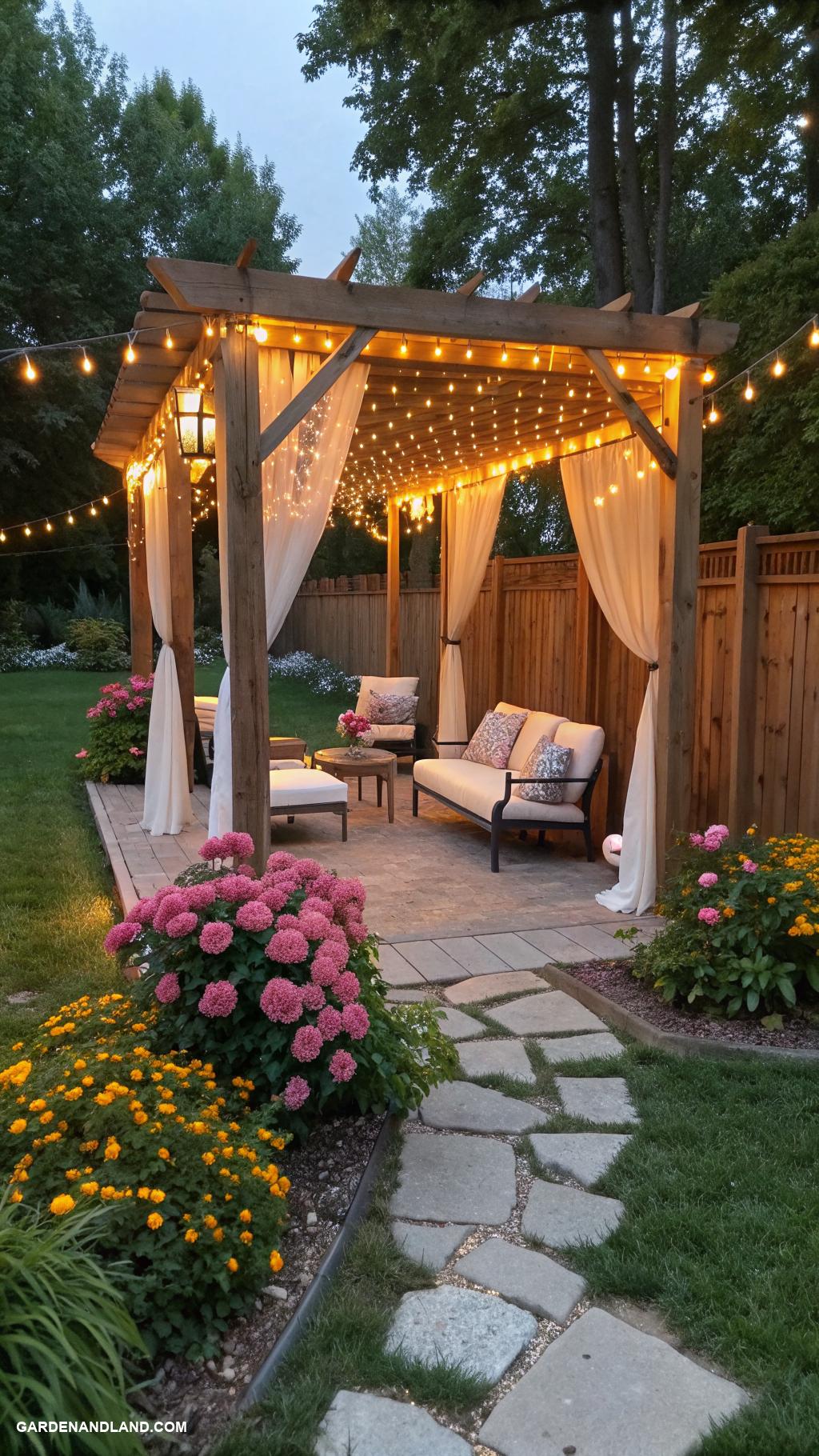 backyard landscaping ideas along house Fairy lights in pergola for ambiance