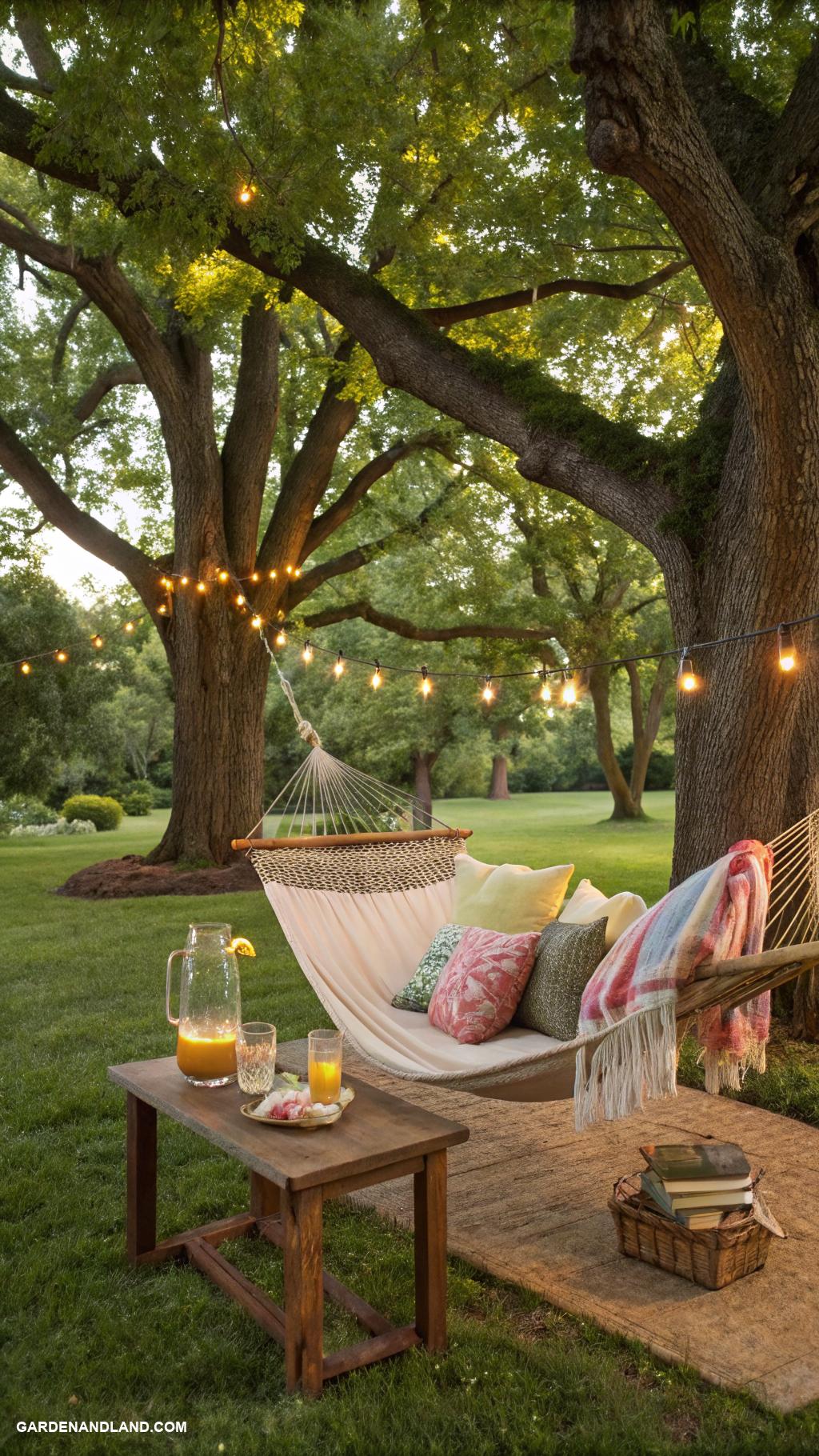 backyard landscaping ideas along house Hammock lounge area under trees