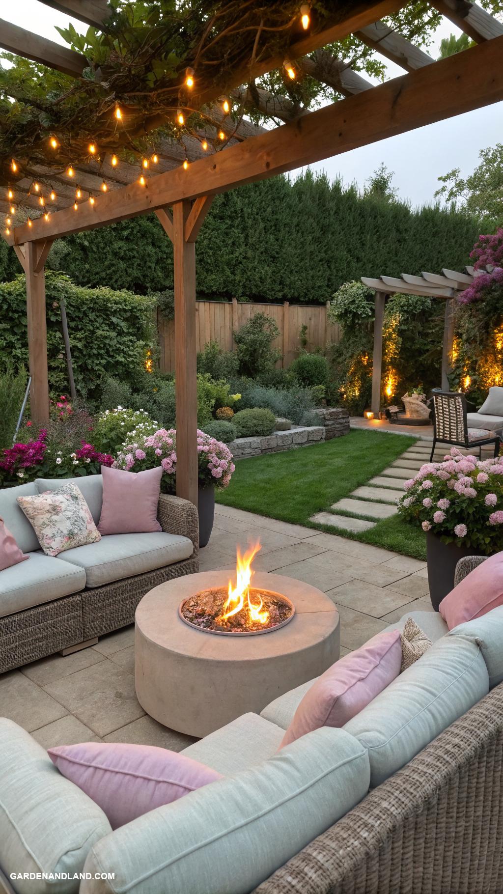 backyard landscaping ideas along house Outdoor seating with fire pit