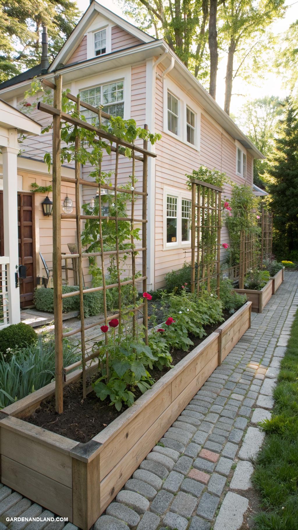 backyard landscaping ideas along house Raised garden beds with trellises