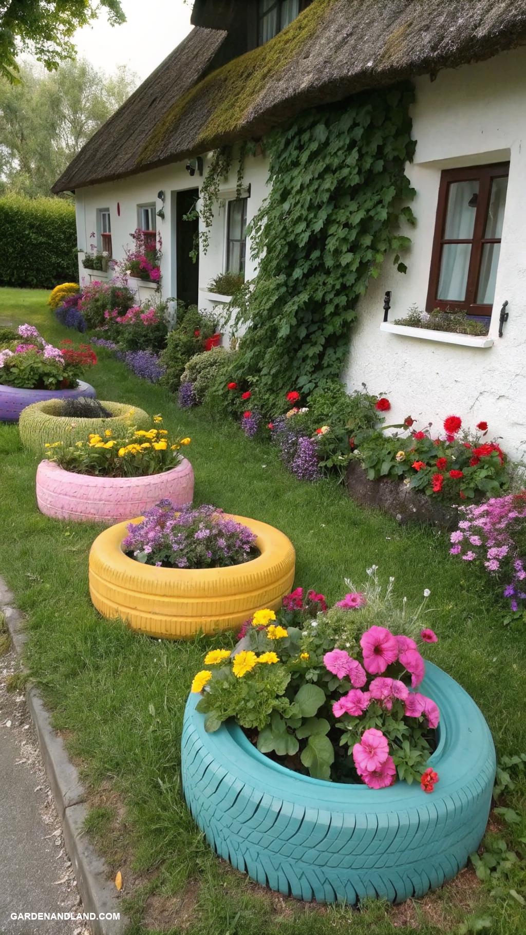 backyard landscaping ideas along house Repurposed tires as colorful planters