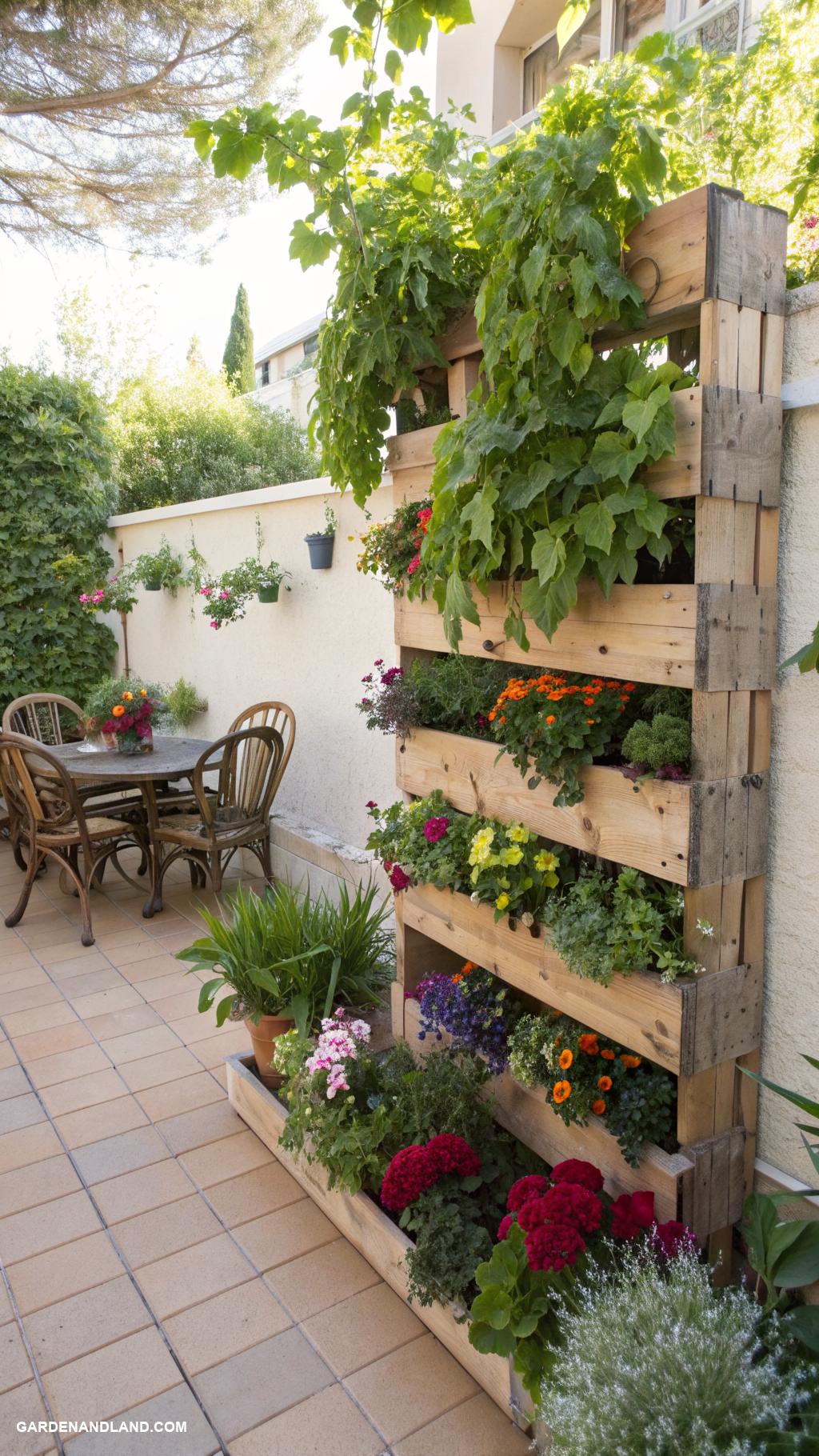 backyard landscaping ideas along house Vertical garden on wooden pallets