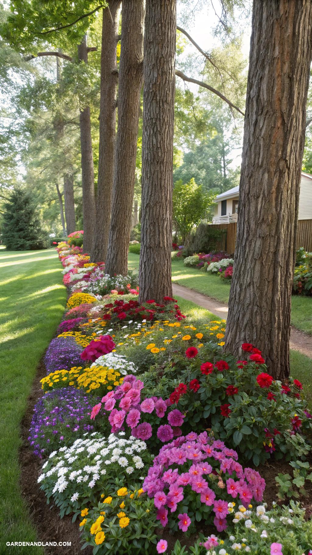 base of tree landscaping Colorful flower beds around tree trunks
