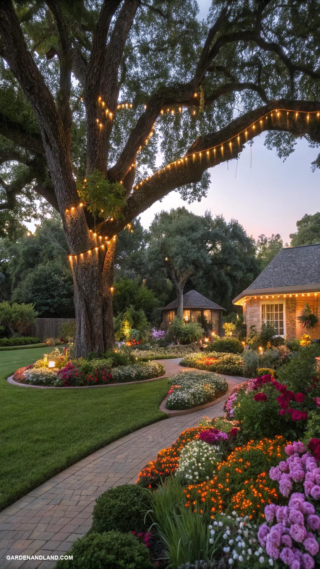 base of tree landscaping Decorative lighting strung in trees