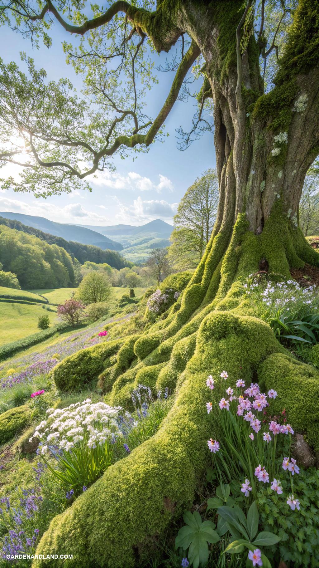 base of tree landscaping Lush moss carpets around tree roots