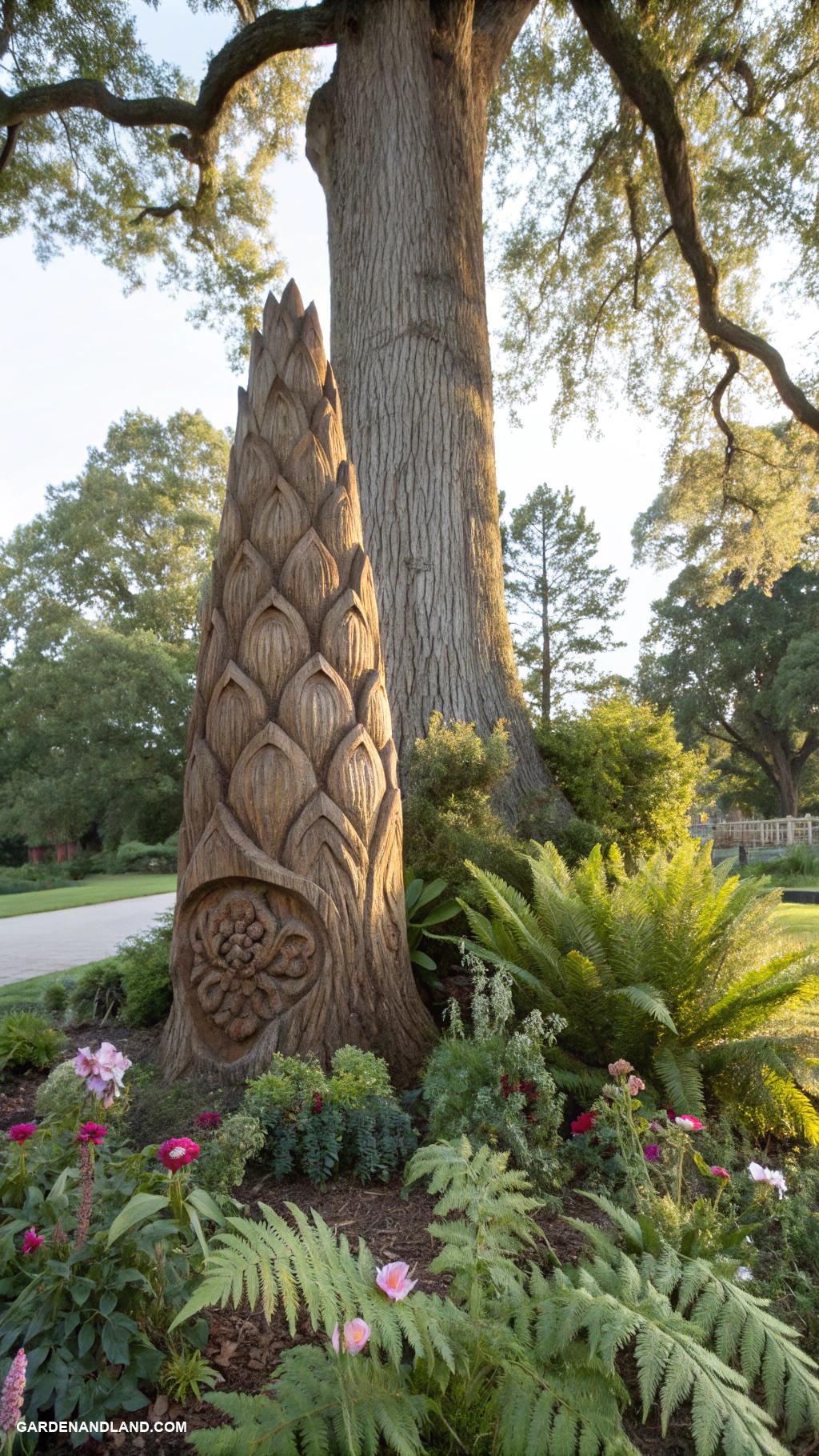 base of tree landscaping Rustic wood sculptures beside trees