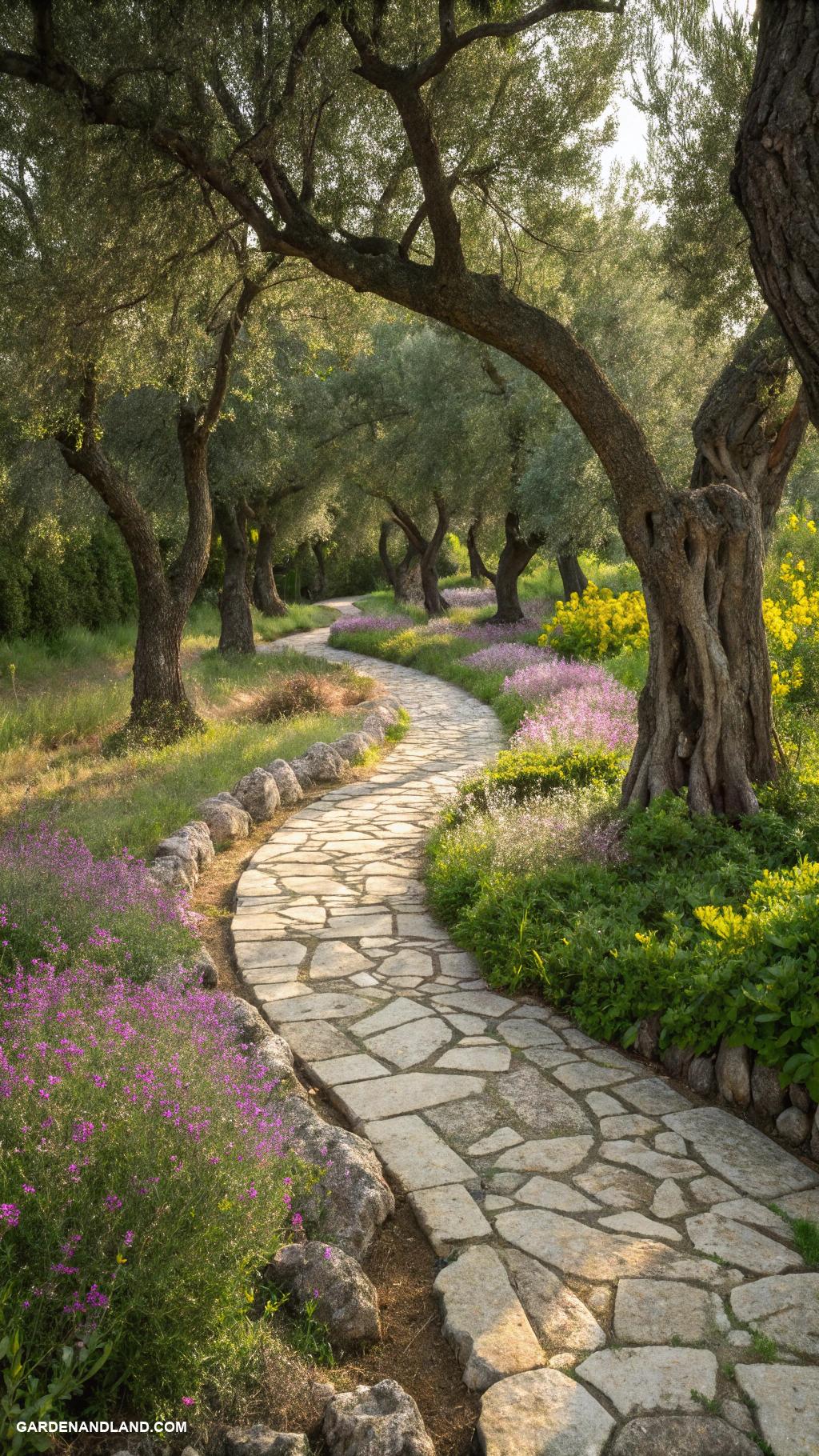 base of tree landscaping Stone pathways weaving through trees