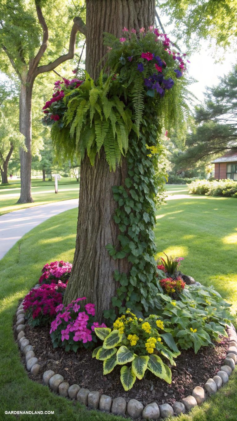 base of tree landscaping Vertical gardens on tree trunks