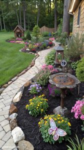 black mulch landscaping ideas Incorporate black mulch with garden art pieces
