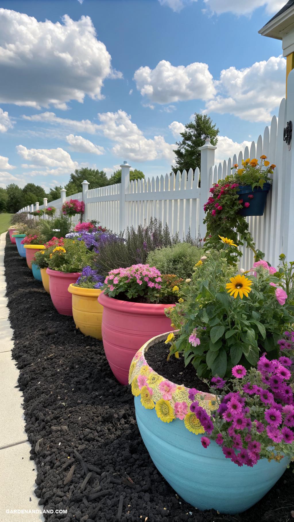 black mulch landscaping ideas Integrate colorful planters with black mulch
