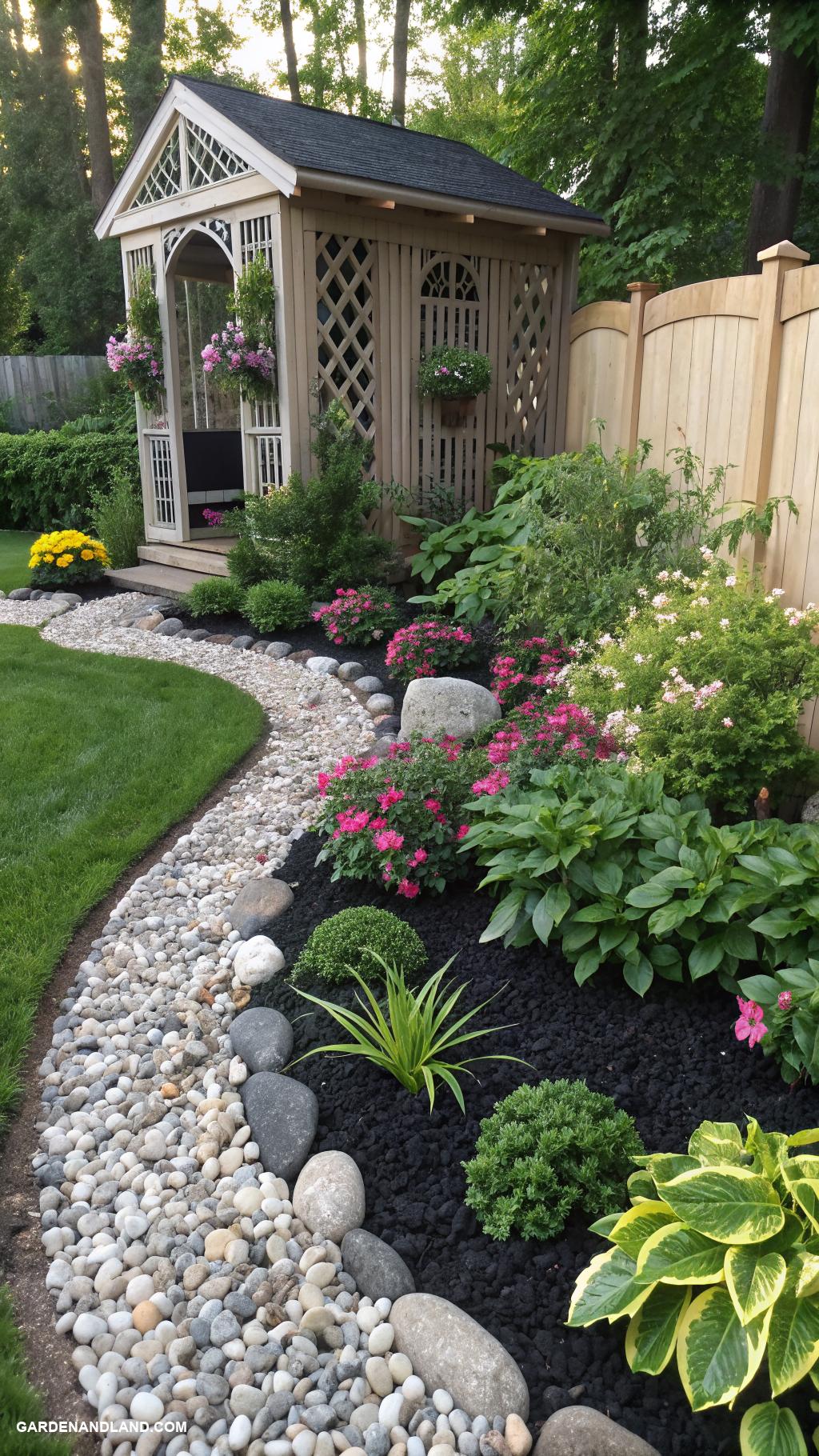black mulch landscaping ideas Layer black mulch with decorative stones
