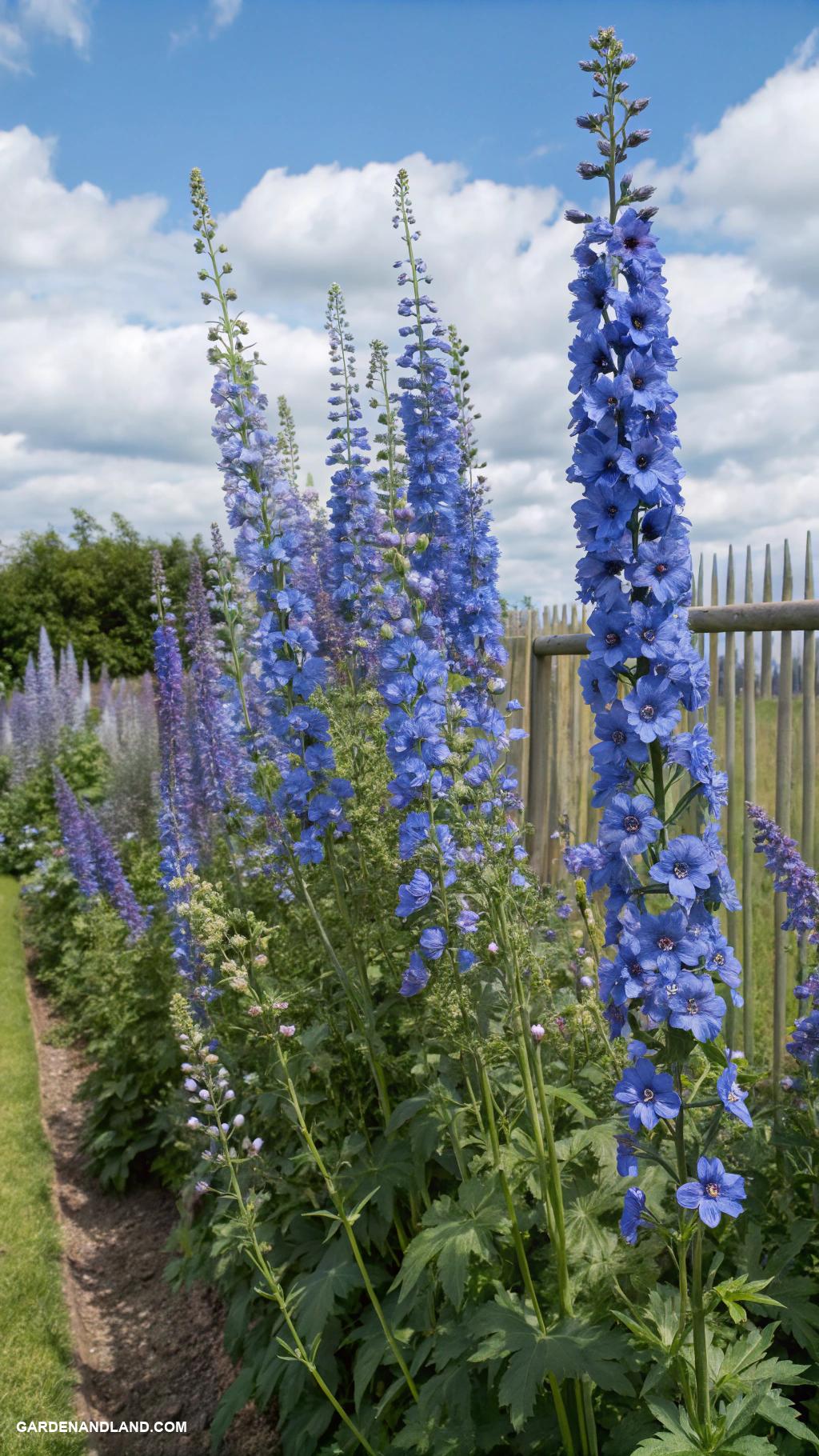 blue flowers Delphiniums adding height and drama to borders