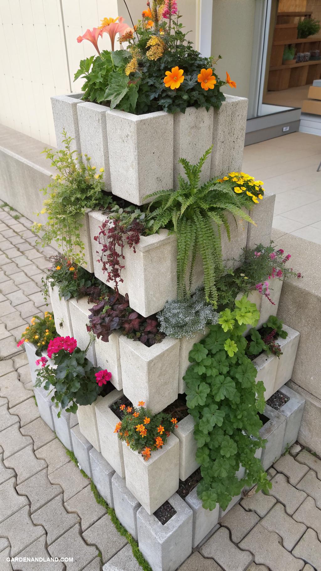 box planter ideas Concrete blocks for layered plant arrangement