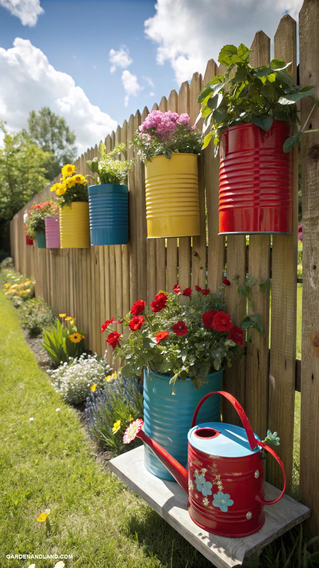 cheap garden projects Hang colorful tin cans for planters