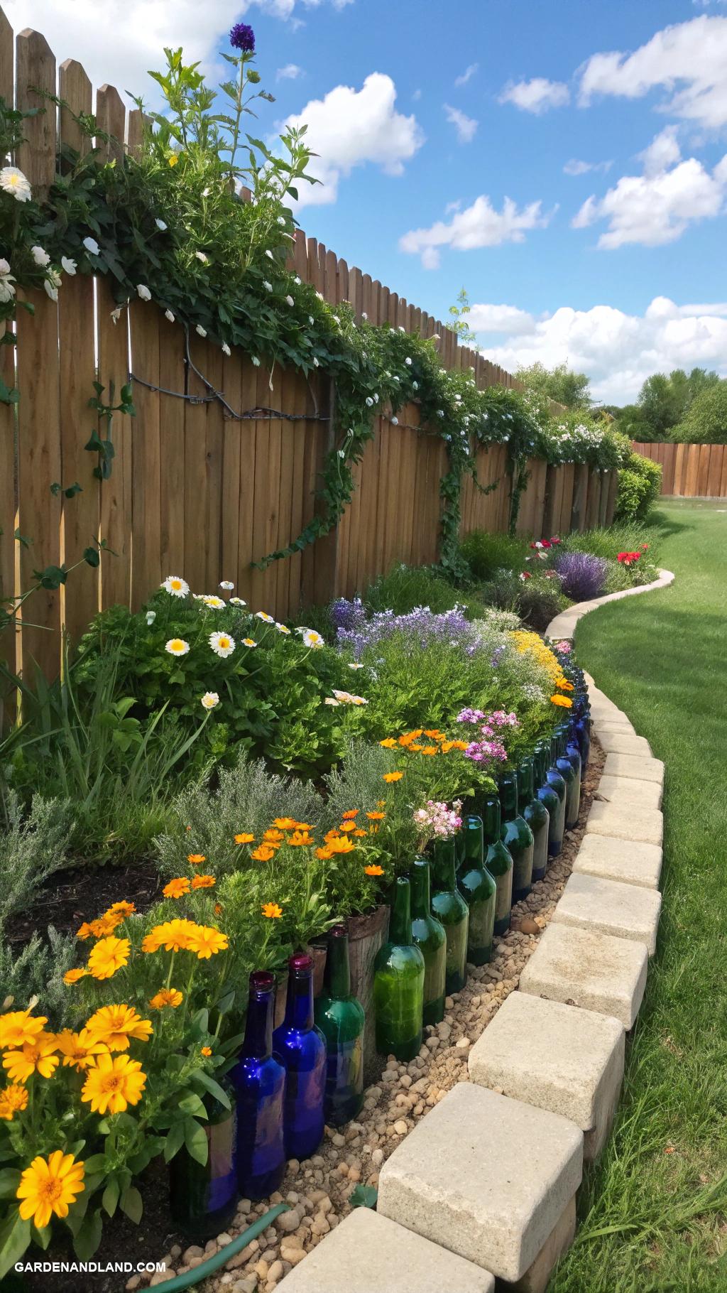 cheap garden projects Upcycle glass bottles for garden borders