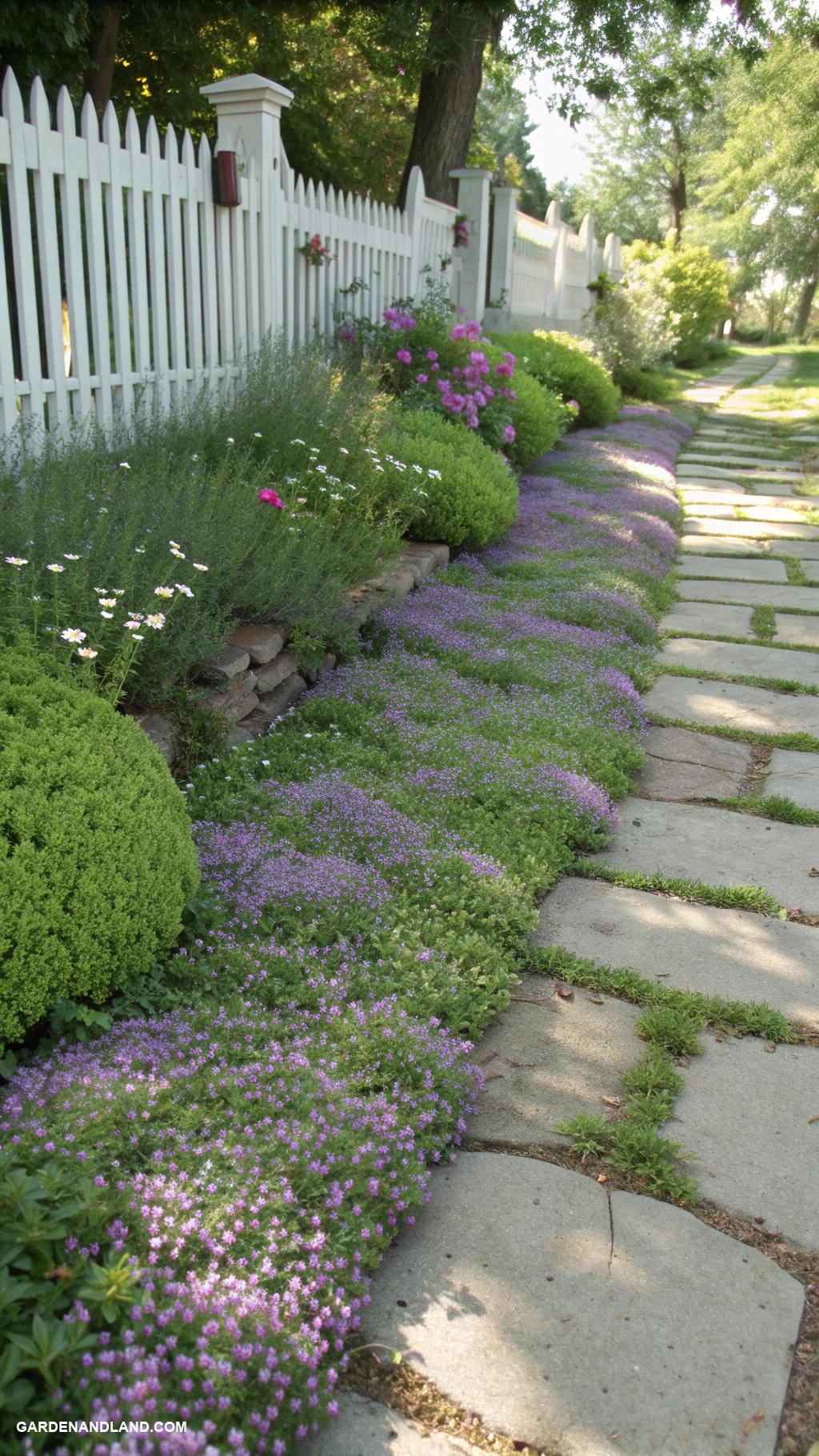 creeping thyme ground cover Fragrant thyme bordering garden pathways