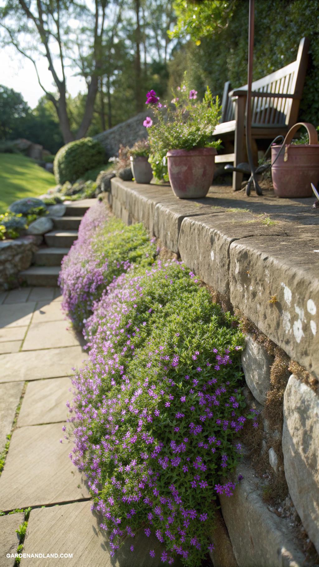creeping thyme ground cover Thyme cascading over stone walls