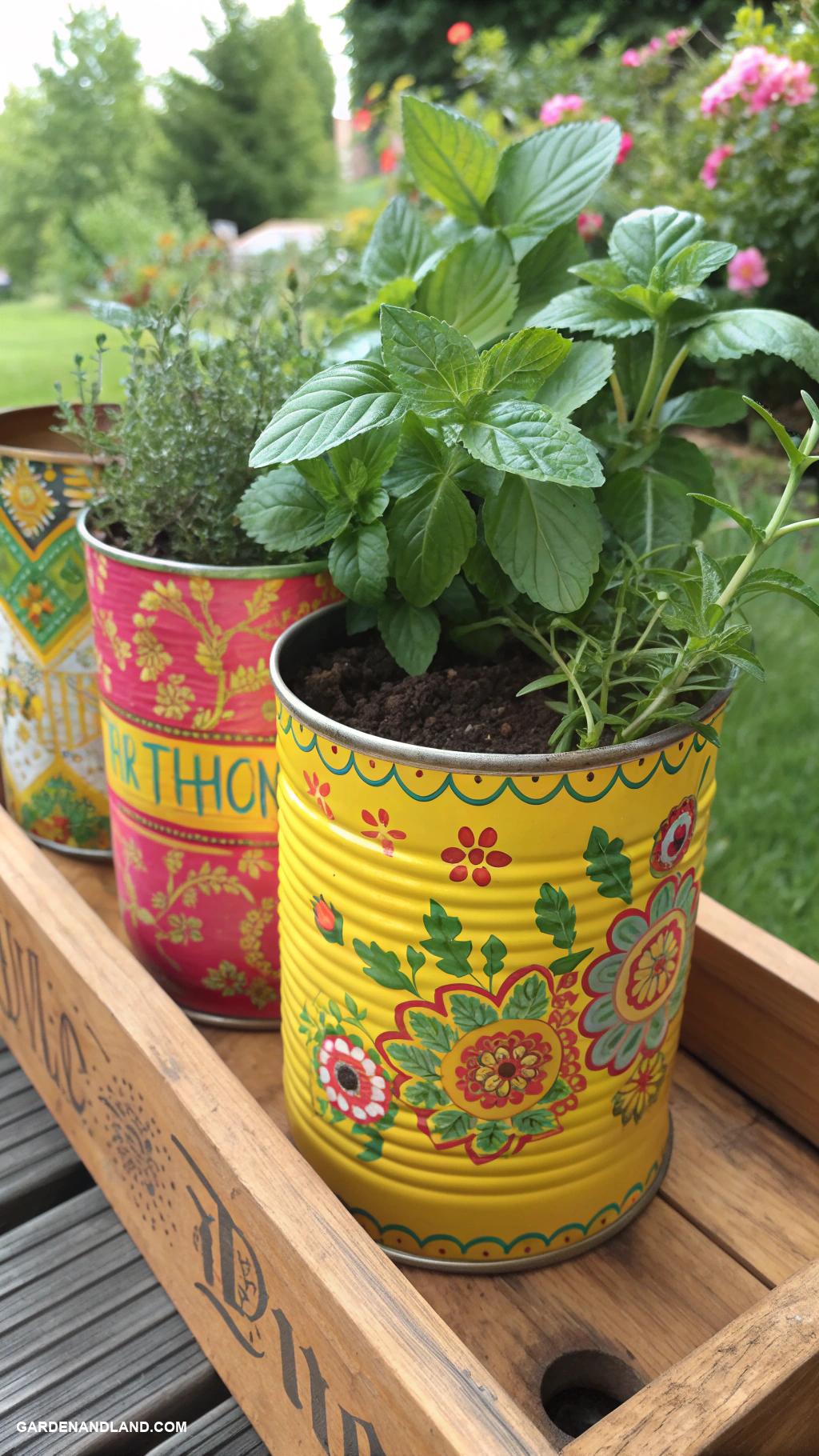 diy planter boxes Colorful painted tin can herb holders