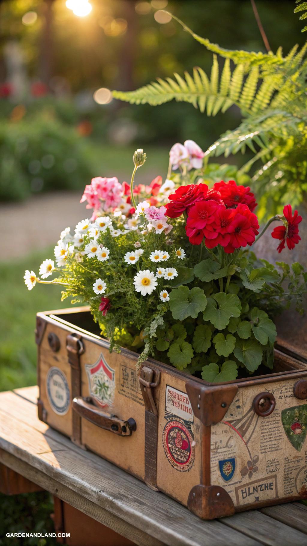 diy planter boxes Vintage suitcases filled with flowers