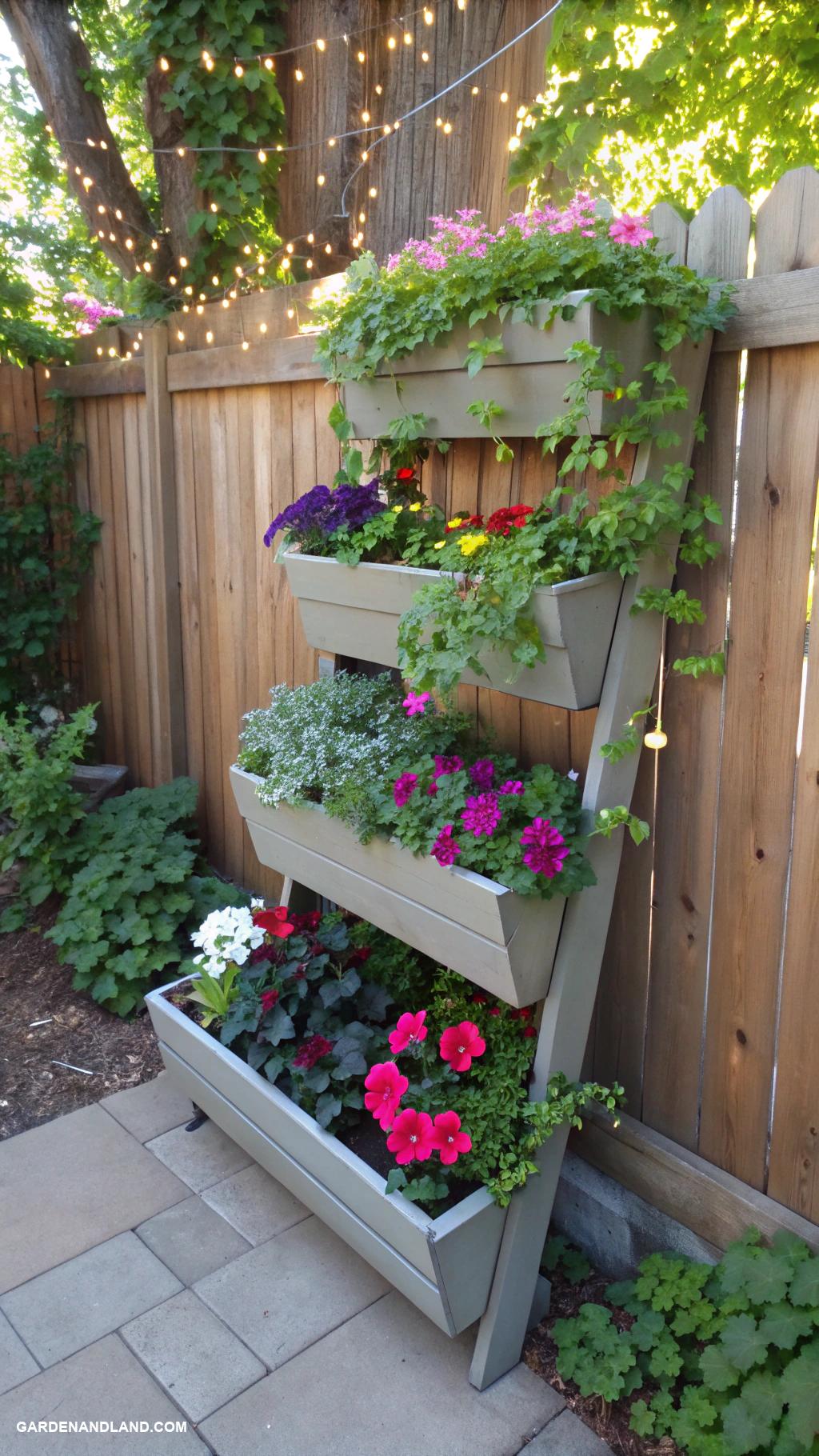fence line landscaping ideas Multilevel planter boxes against the fence