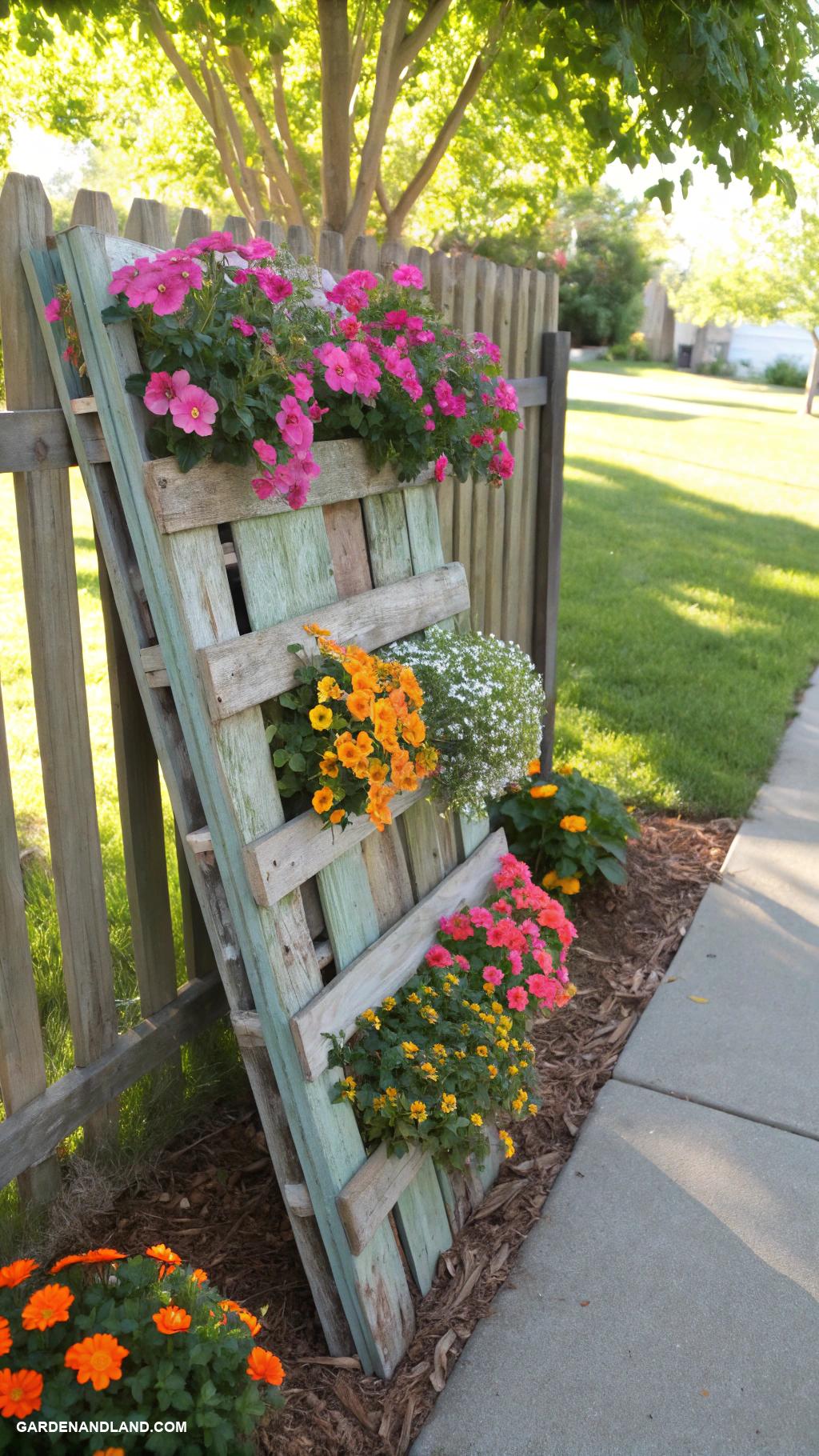 fence line landscaping ideas Rustic wooden pallets as garden art