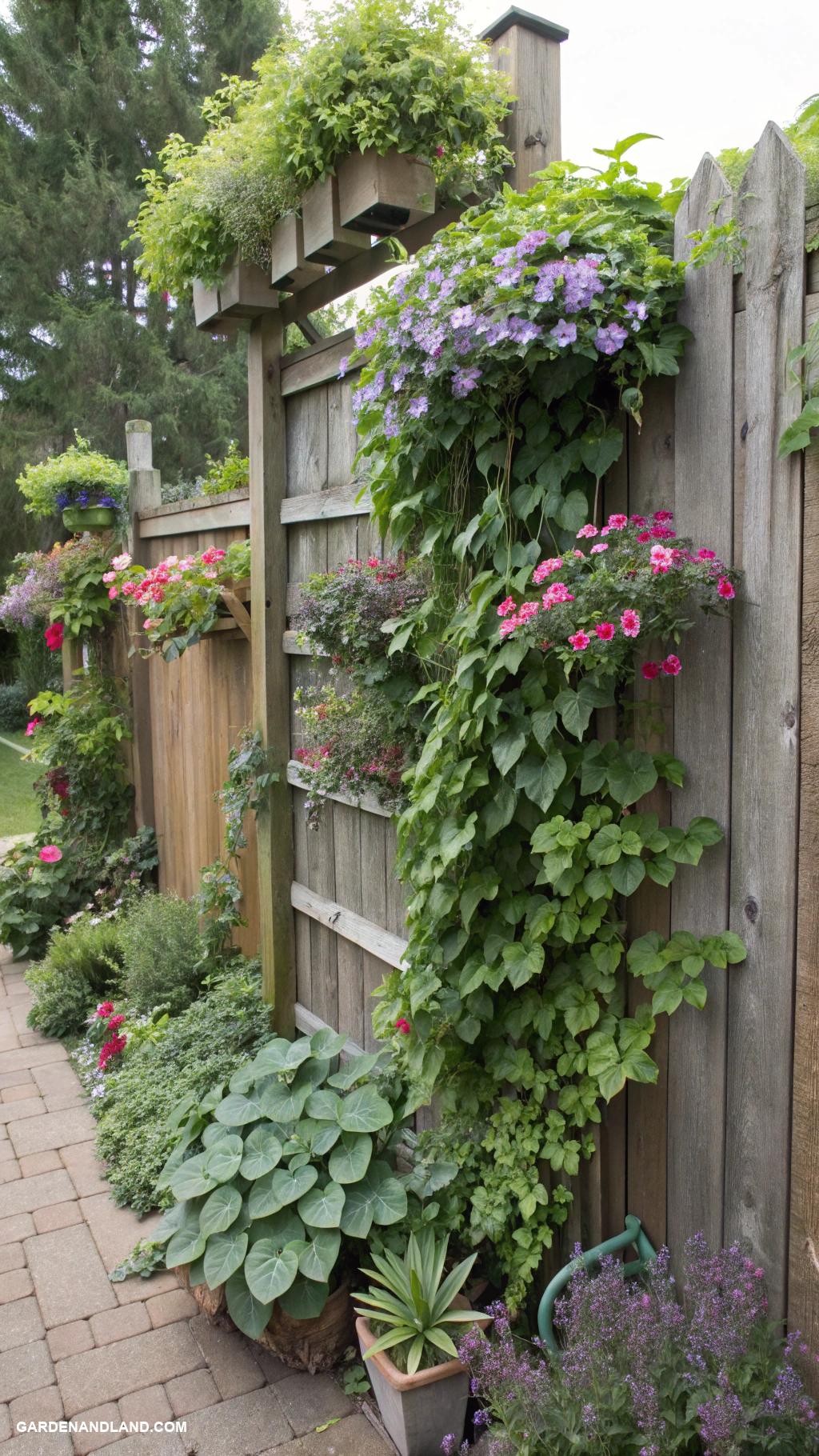 fence line landscaping ideas Vertical garden with climbing plants