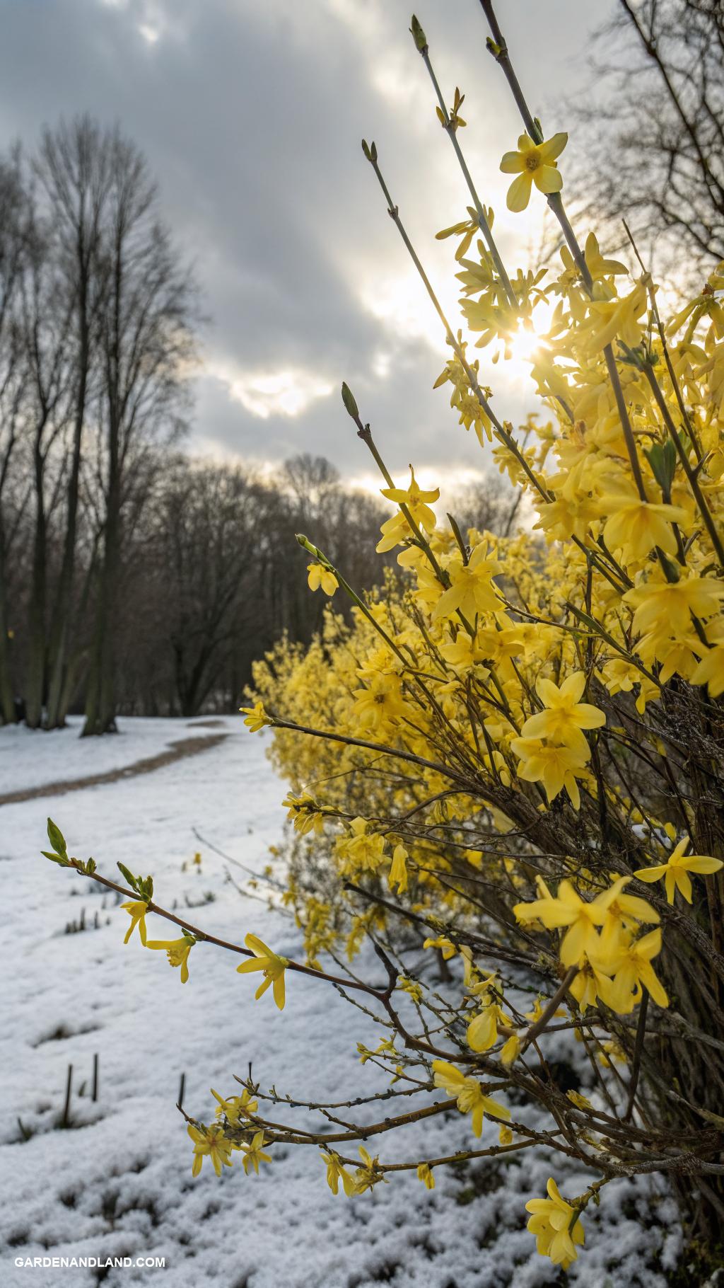 flowering shrubs Winter jasmine providing color in cold months