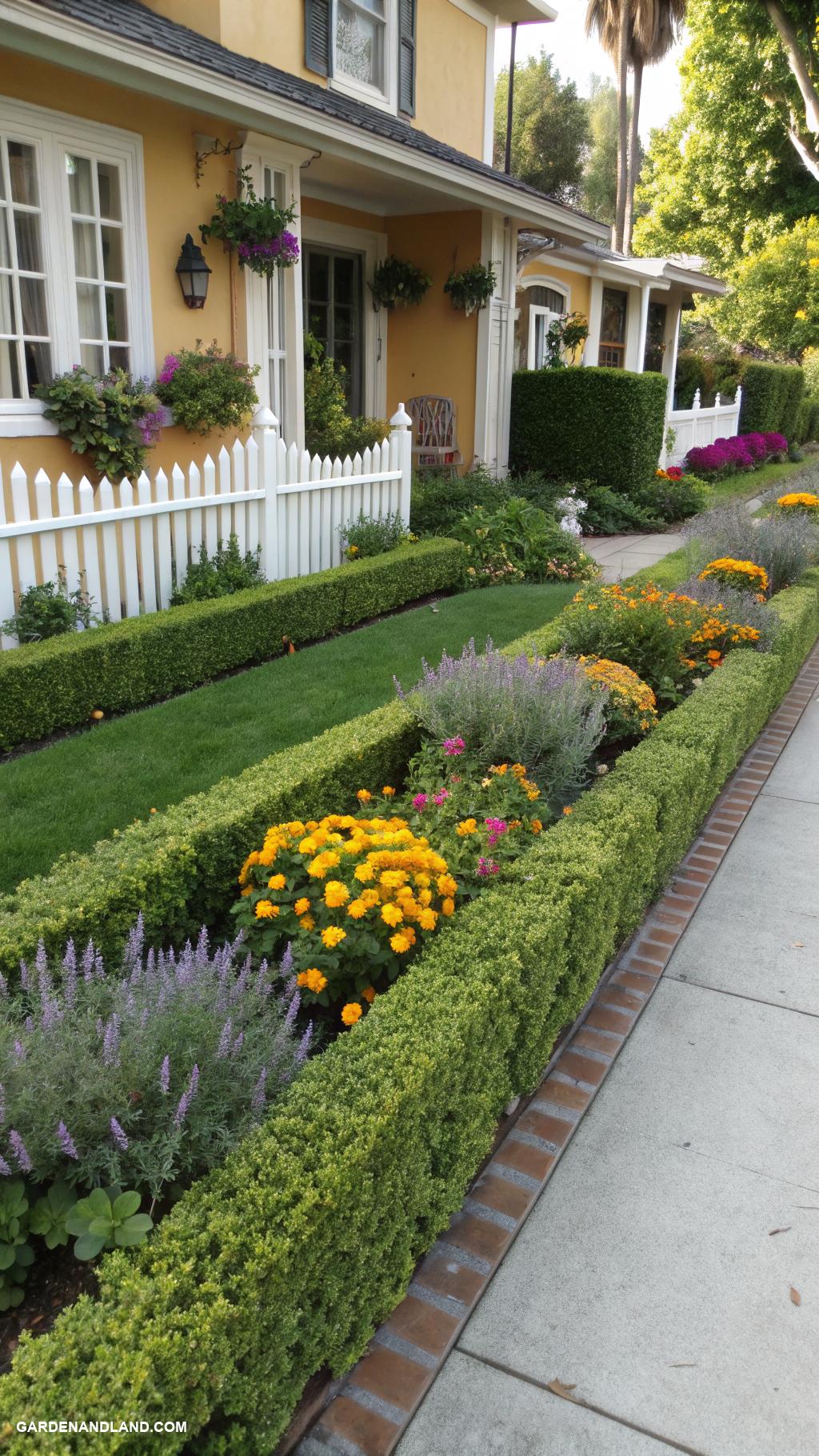 front yard hedges Low boxwood border around flower beds