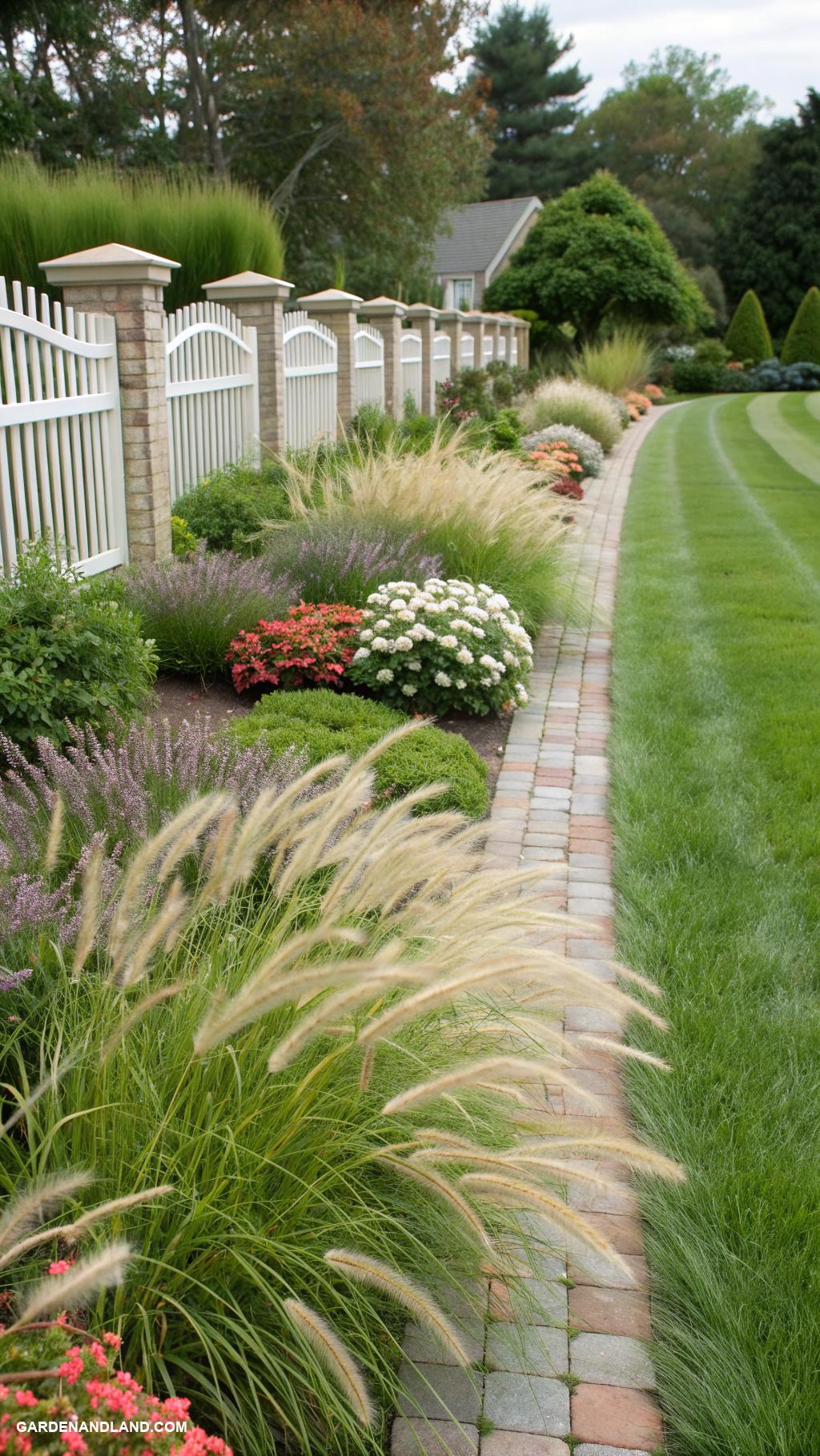 front yard hedges Low maintenance ornamental grasses in patterned rows