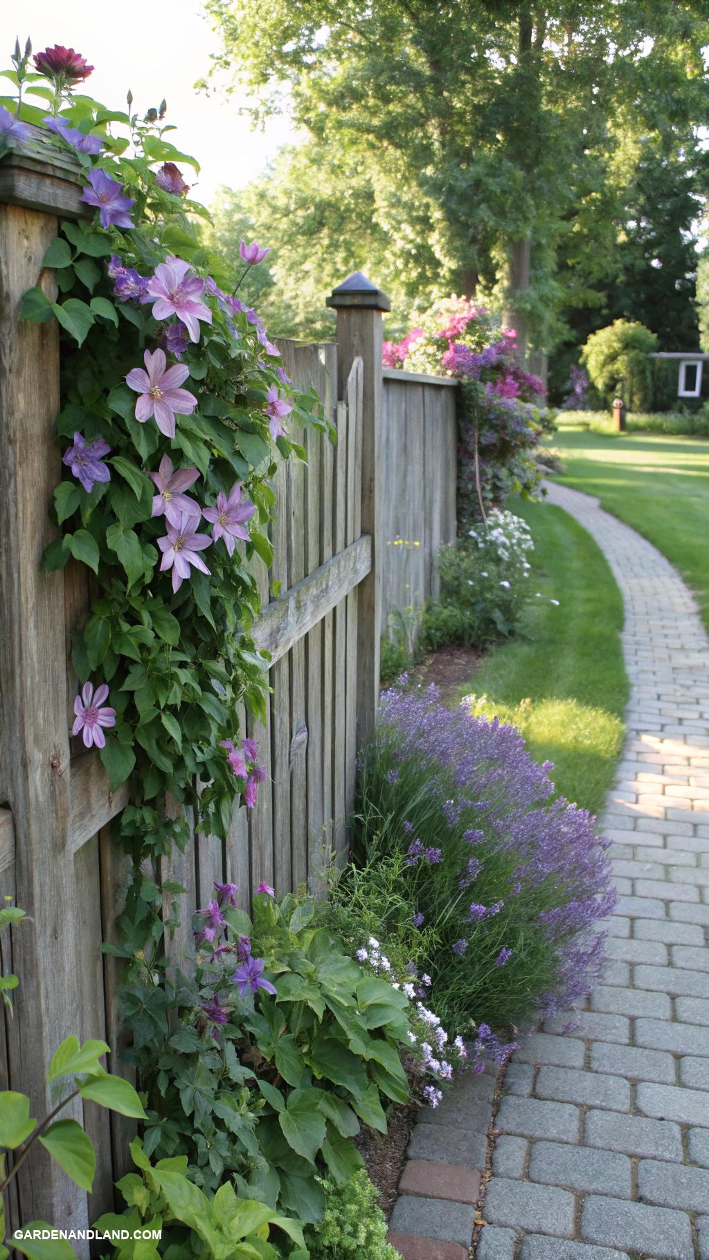 front yard hedges Rustic wooden fence with climbing vines