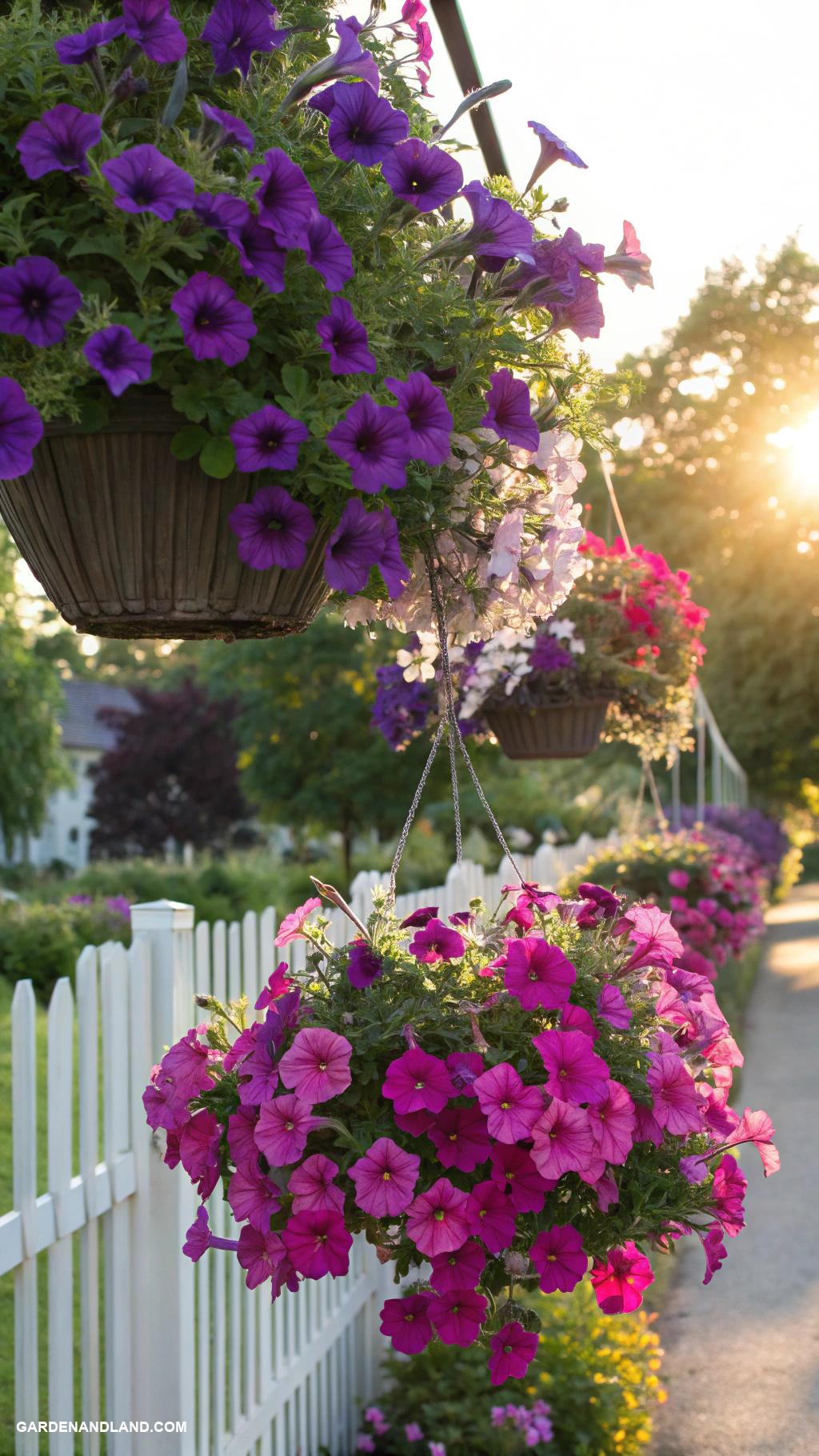 full sun container plants Vibrant Petunias in hanging baskets