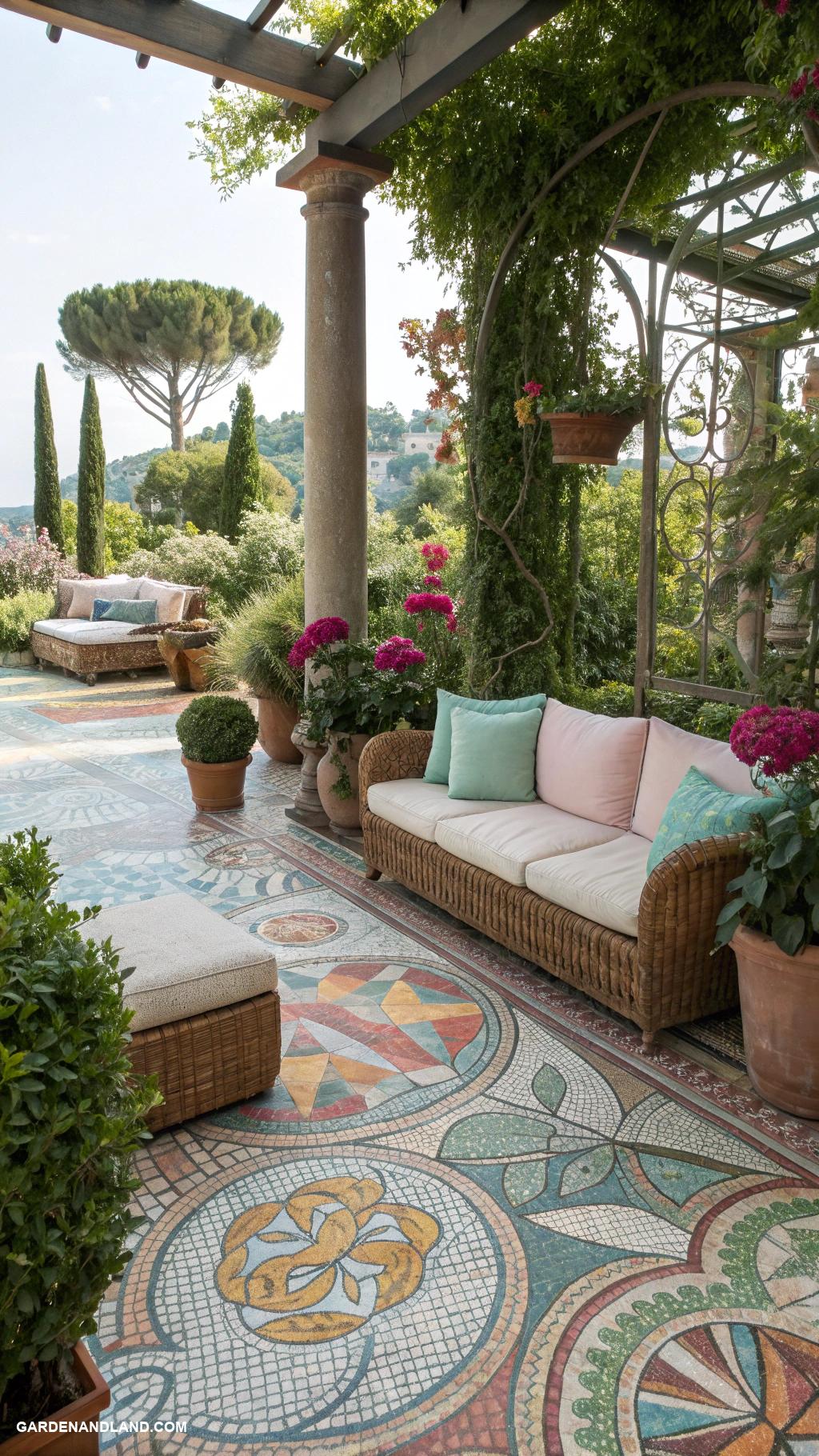 landscape along side of house Colorful mosaic patio with outdoor seating