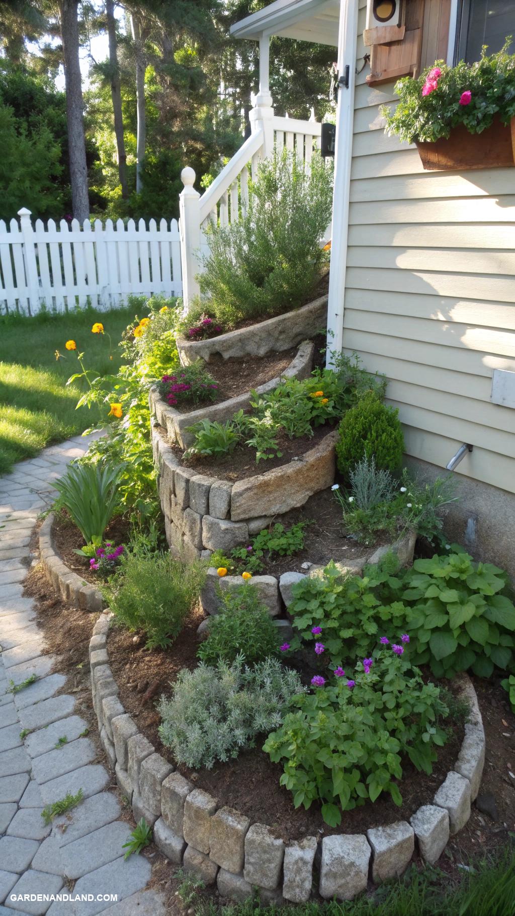 landscape along side of house Herb spiral for culinary delights