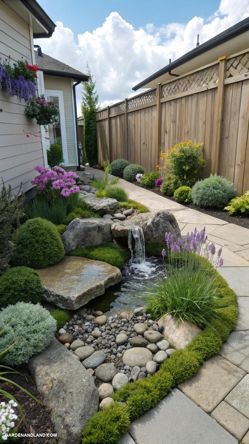 landscape along side of house Miniature rock garden with water feature