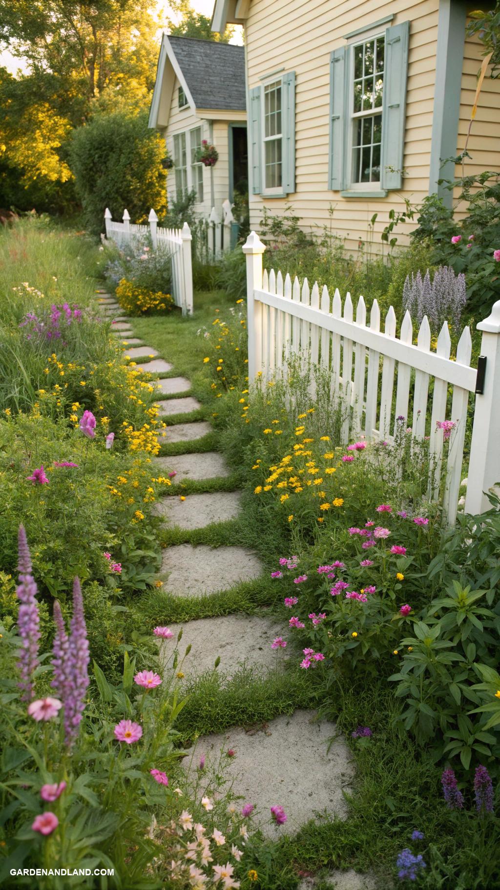 landscape along side of house Pathway of stepping stones through wildflowers