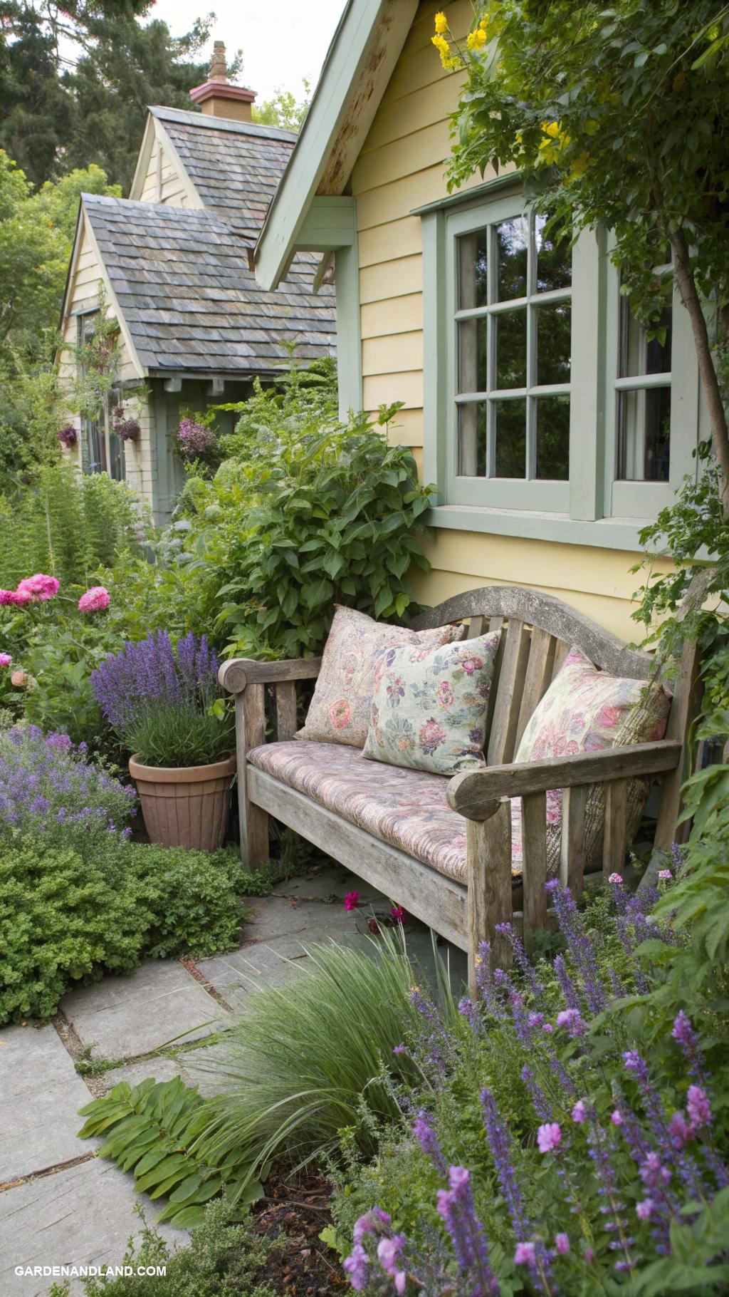 landscape along side of house Rustic wood bench nestled among shrubs