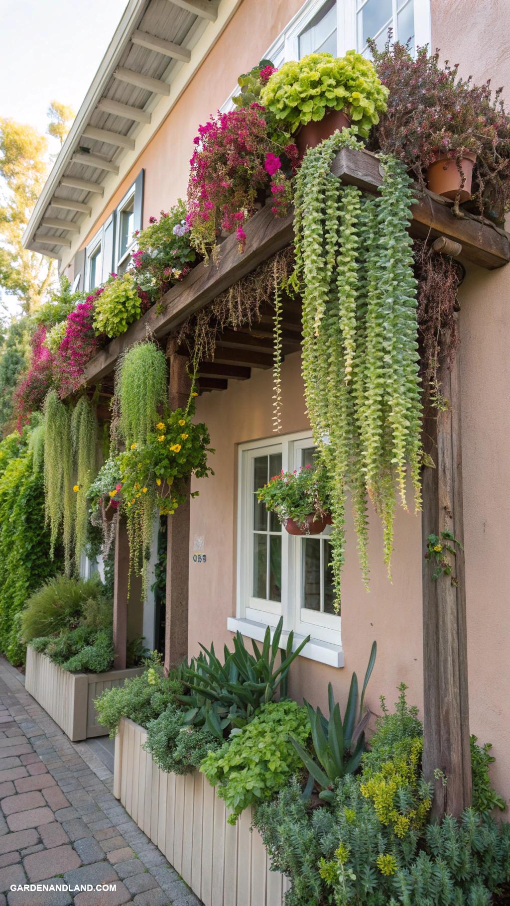 landscape along side of house Vertical garden with hanging succulents