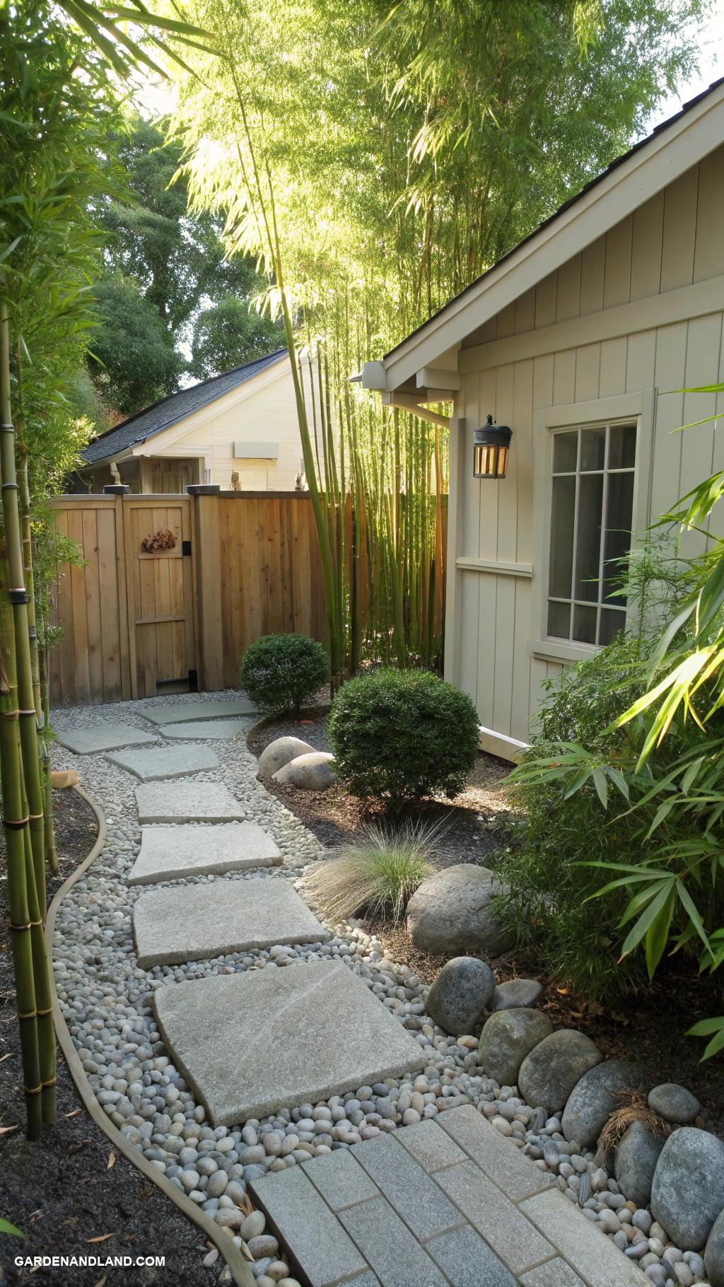 landscape along side of house Zen corner with pebbles and bamboo