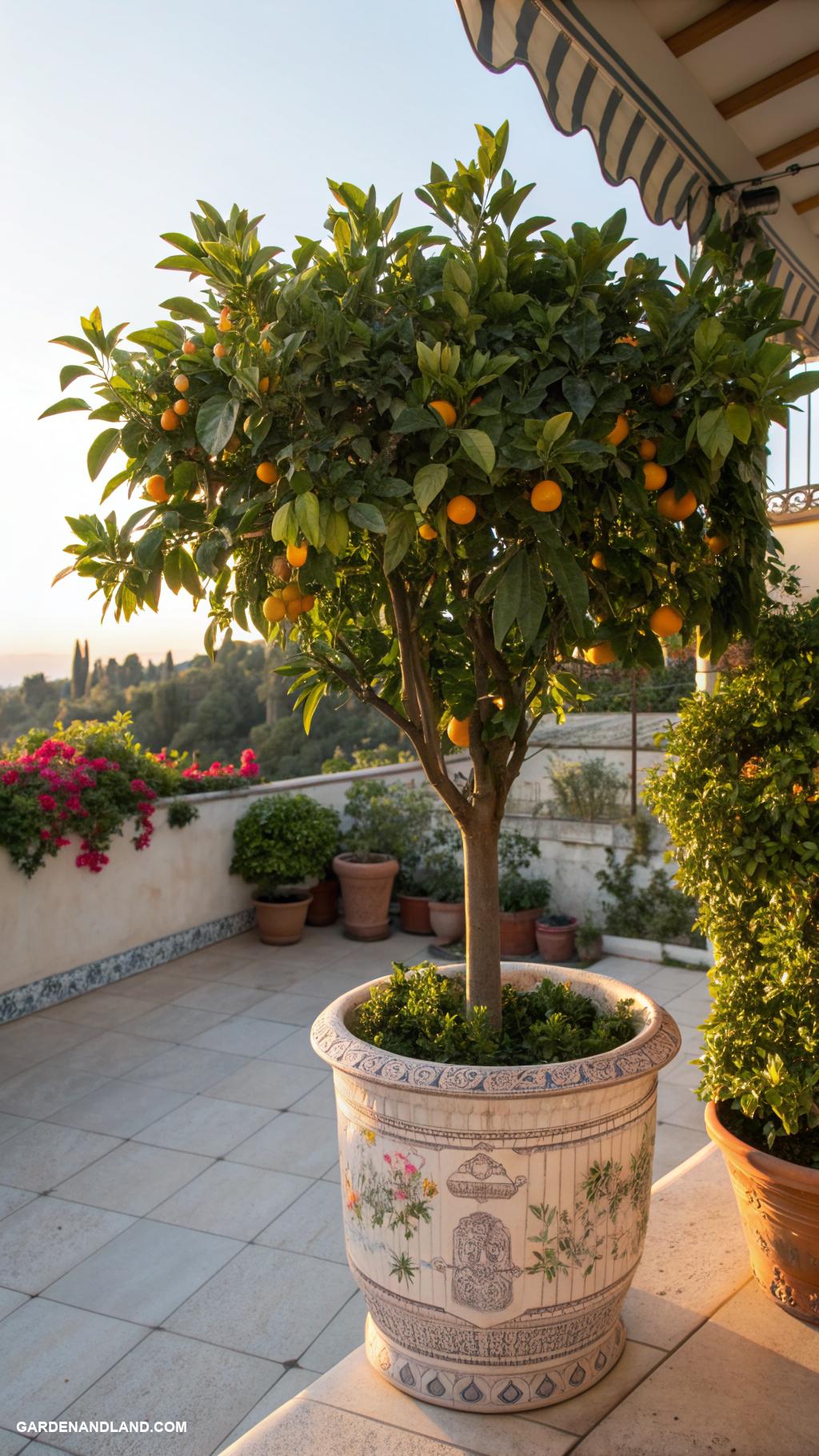 large container planting ideas Citrus trees in stylish decorative pots