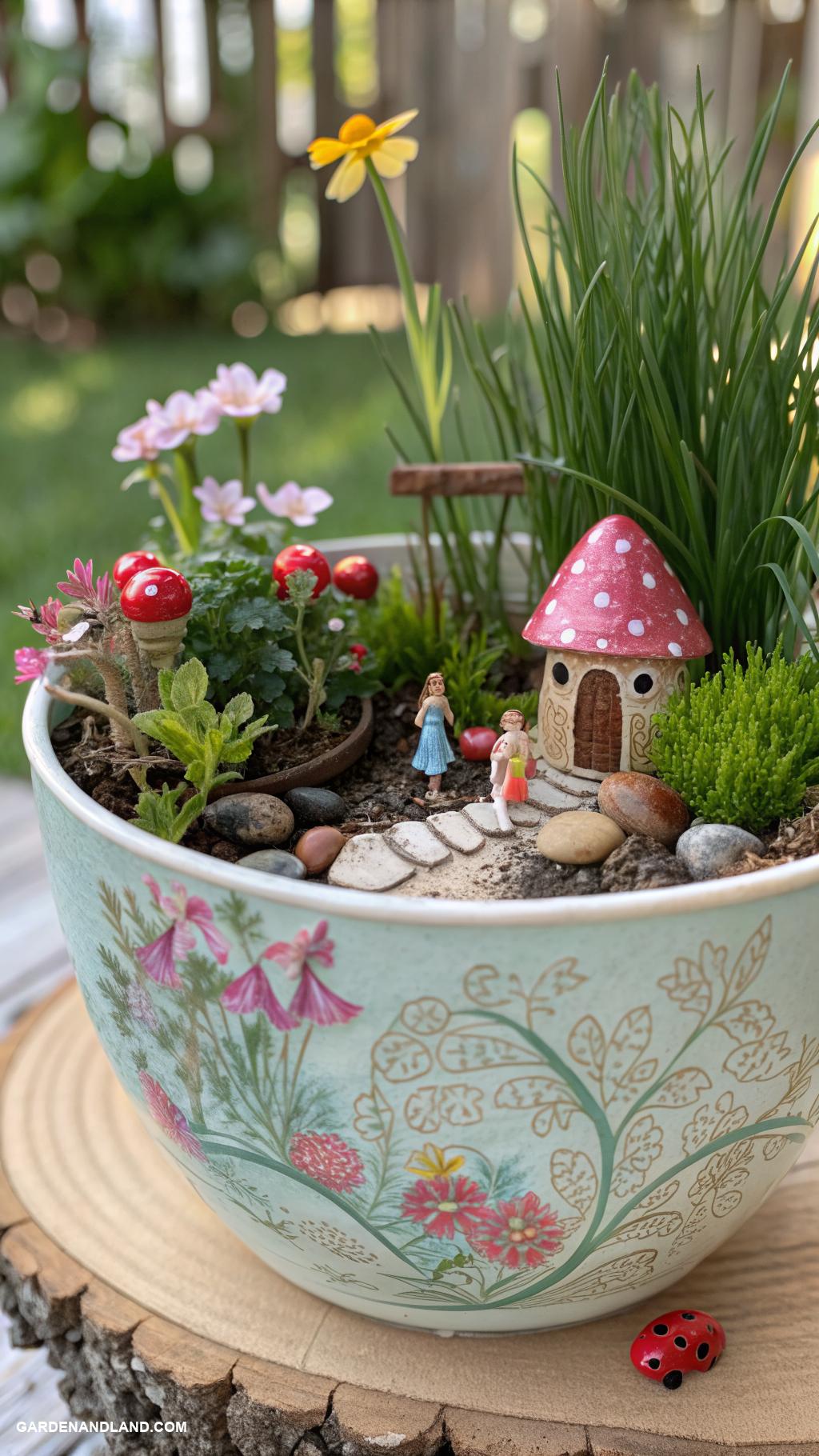 large container planting ideas Fairy garden in a large ceramic bowl