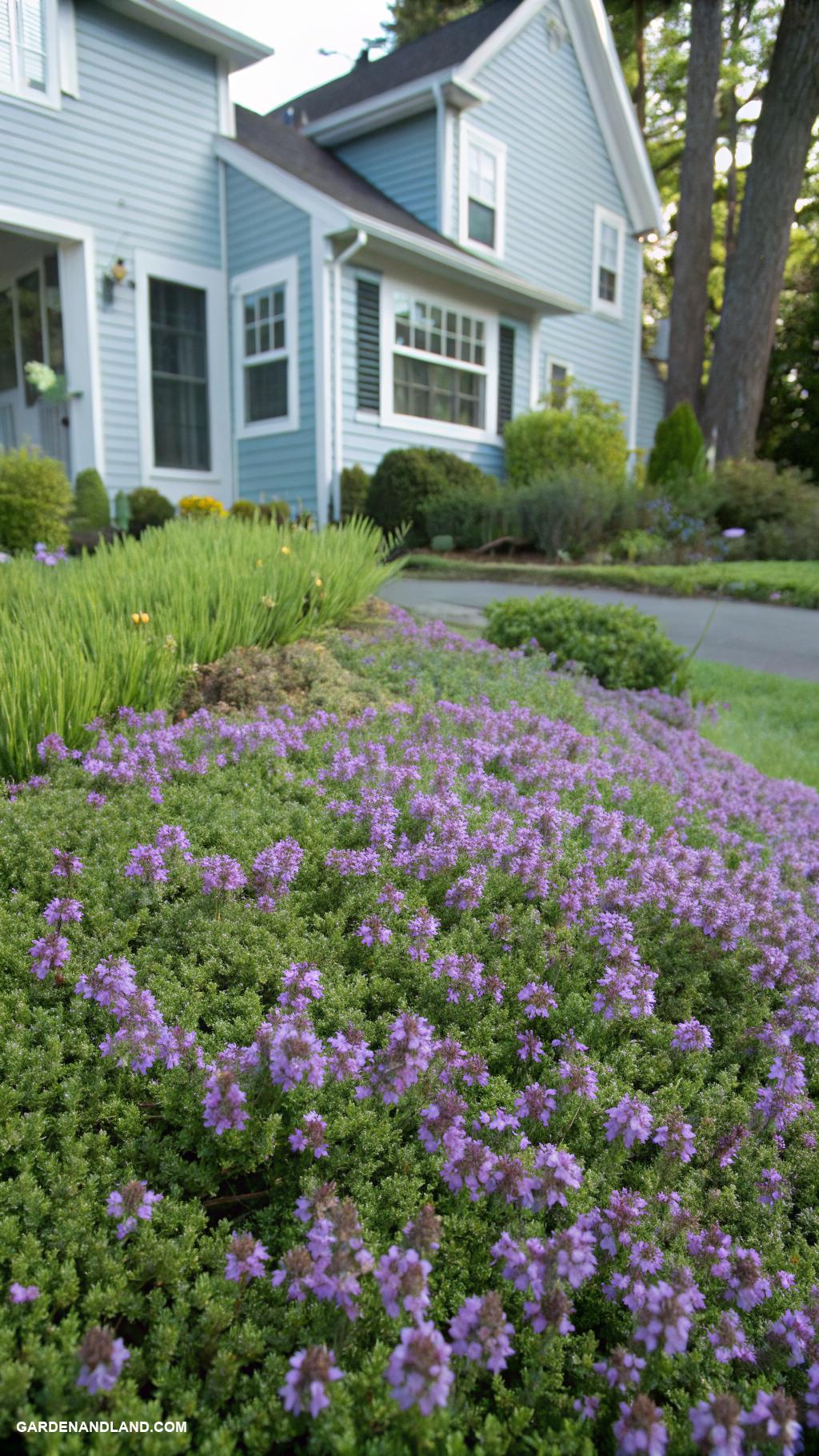 low growing shrubs for front of house Creeping Thyme for fragrant ground cover