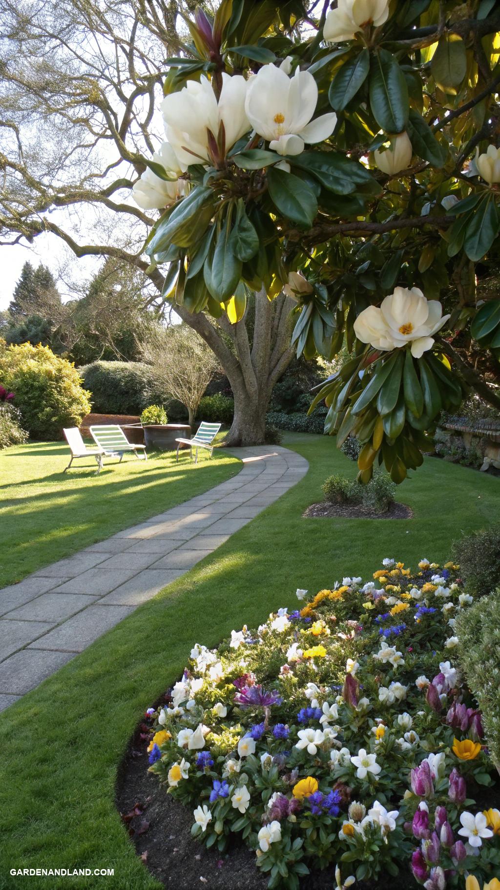 magnolia tree landscaping Use low growing flowers beneath tall magnolias