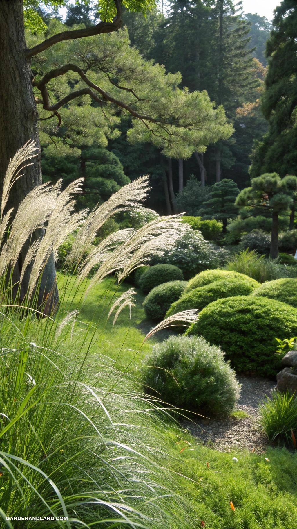 shade loving shrubs Japanese forest grass for soft texture