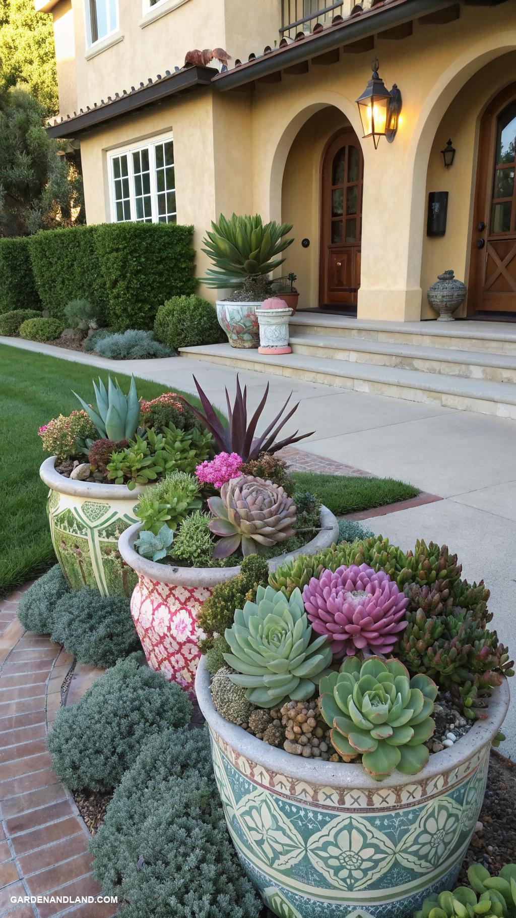 small shrubs in front of house Succulent arrangements in decorative pots