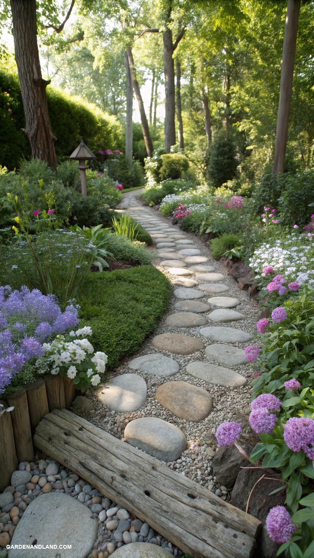 stepping stone walkway ideas Pebble paths with driftwood accents